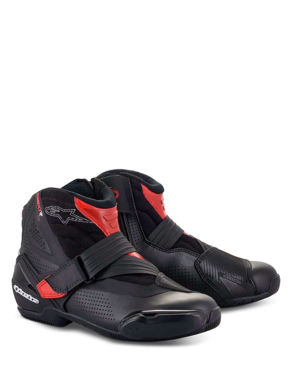 Buty Alpinestars SMX-1 R V2 Vented, niskie buty motocyklowe, czarno-czerwone, z perforowaną mikrofibrą zapewniającą przepływ powietrza, ochrona TPU i zapięcie na pasek, do sportowej jazdy szosowej