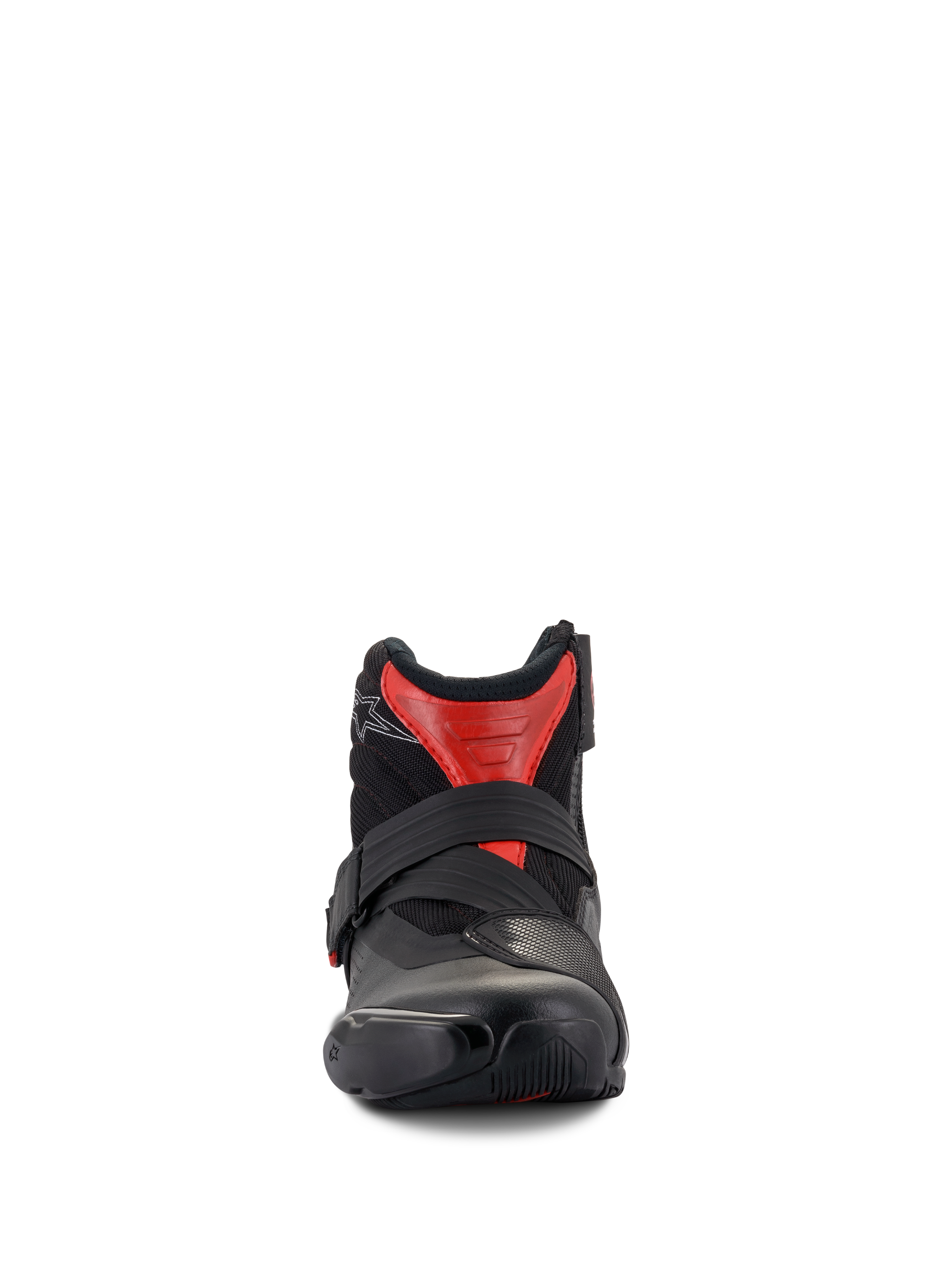 Alpinestars SMX-1 R V2 Vented Boots, niskie buty motocyklowe, czarno-czerwone, widok z przodu pokazujący bezpieczne zapięcie na pasek i wentylowaną cholewkę z mikrofibry, profesjonalna odzież szosowa