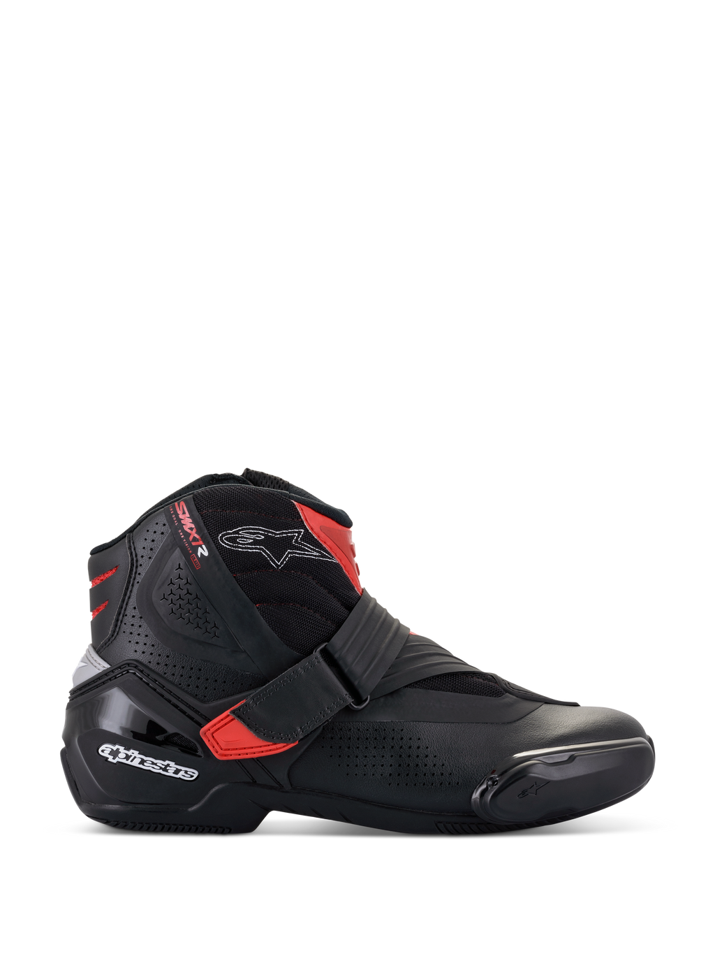 Buty motocyklowe Alpinestars SMX-1 R V2 Vented, niskie buty do jazdy, czarne z czerwonymi akcentami i białym logo, perforowana cholewka z mikrofibry zapewniająca przepływ powietrza, ochraniacz pięty i boczna osłona z TPU, sportowy design szosowy