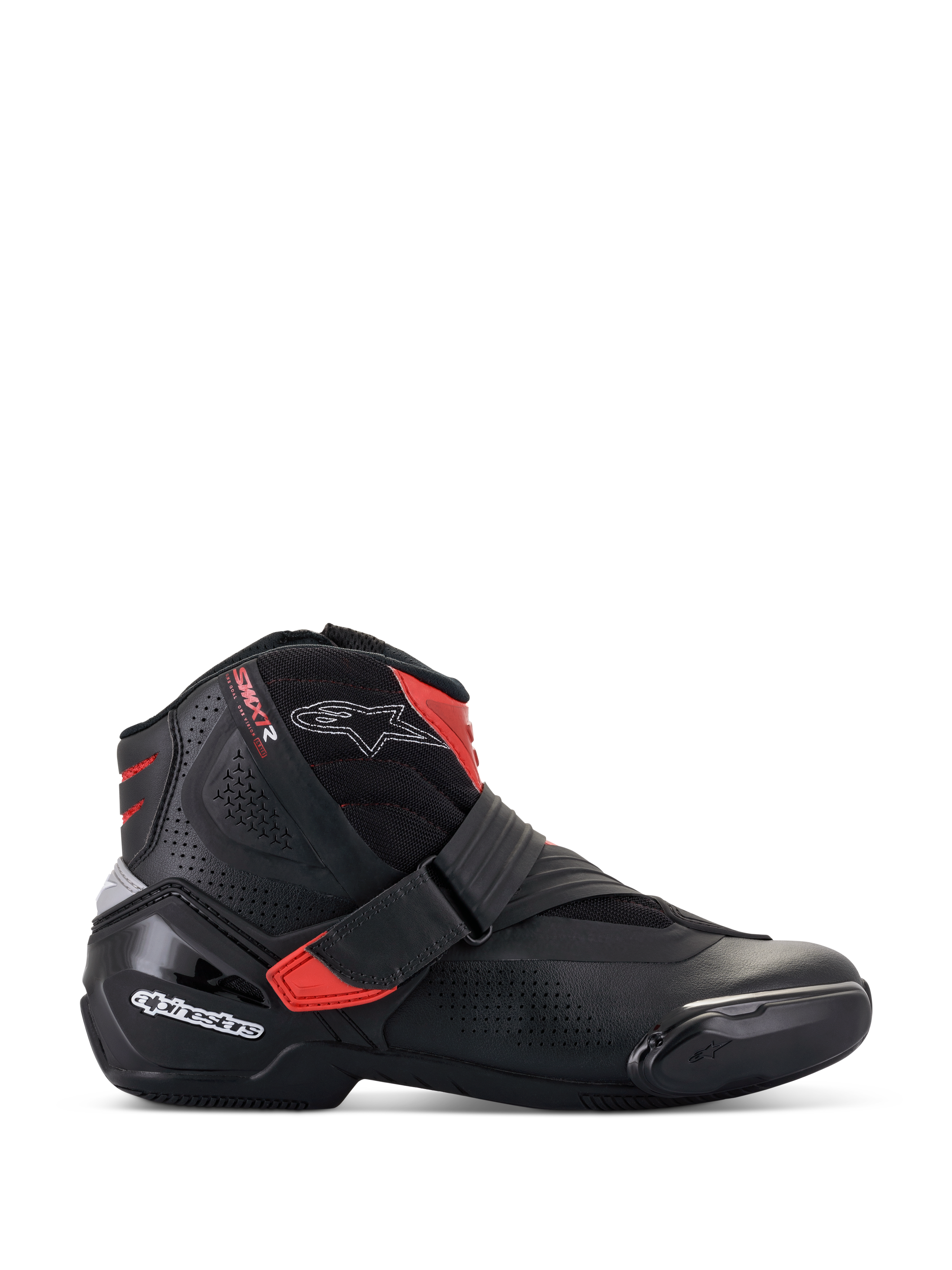 Buty motocyklowe Alpinestars SMX-1 R V2 Vented, niskie buty do jazdy, czarne z czerwonymi akcentami i białym logo, perforowana cholewka z mikrofibry zapewniająca przepływ powietrza, ochraniacz pięty i boczna osłona z TPU, sportowy design szosowy