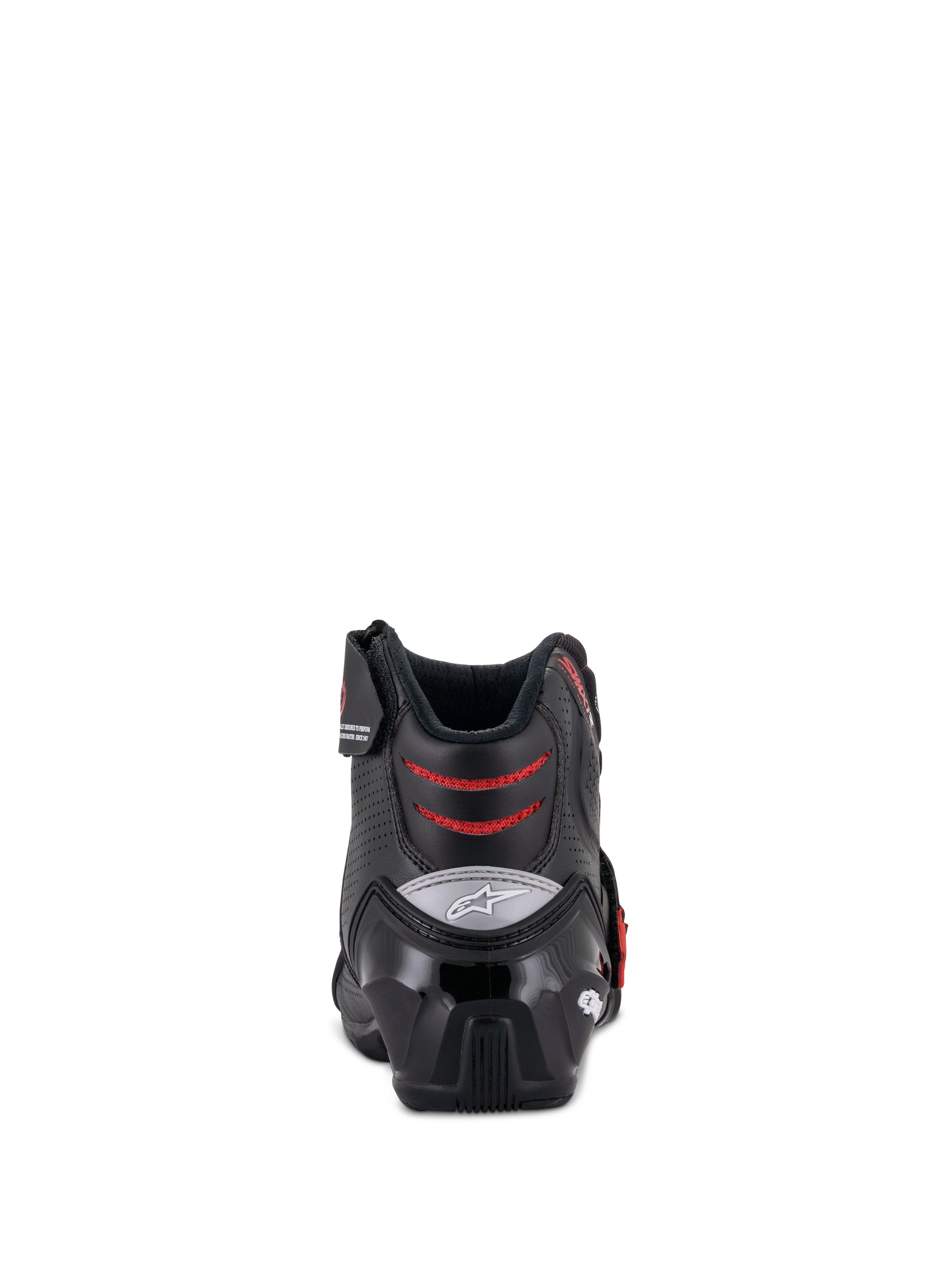Alpinestars SMX-1 R V2 Vented Boots, niskie buty motocyklowe, czarno-czerwone, widok z tyłu przedstawiający zapiętek TPU oraz czerwone siateczkowe strefy elastyczne, wyczynowe obuwie do jazdy szosowej i sportowej