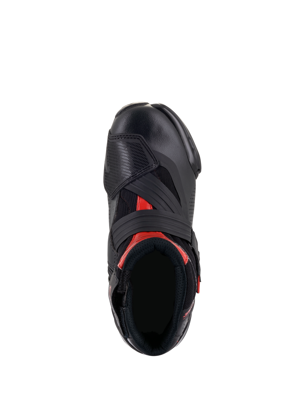 Alpinestars SMX-1 R V2 Vented Boots, czarno-czerwone, widok z góry pokazujący otwór na stopę i konstrukcję cholewki, perforowana mikrofibra, czerwone akcenty, szeroki pasek na rzep na podbiciu.