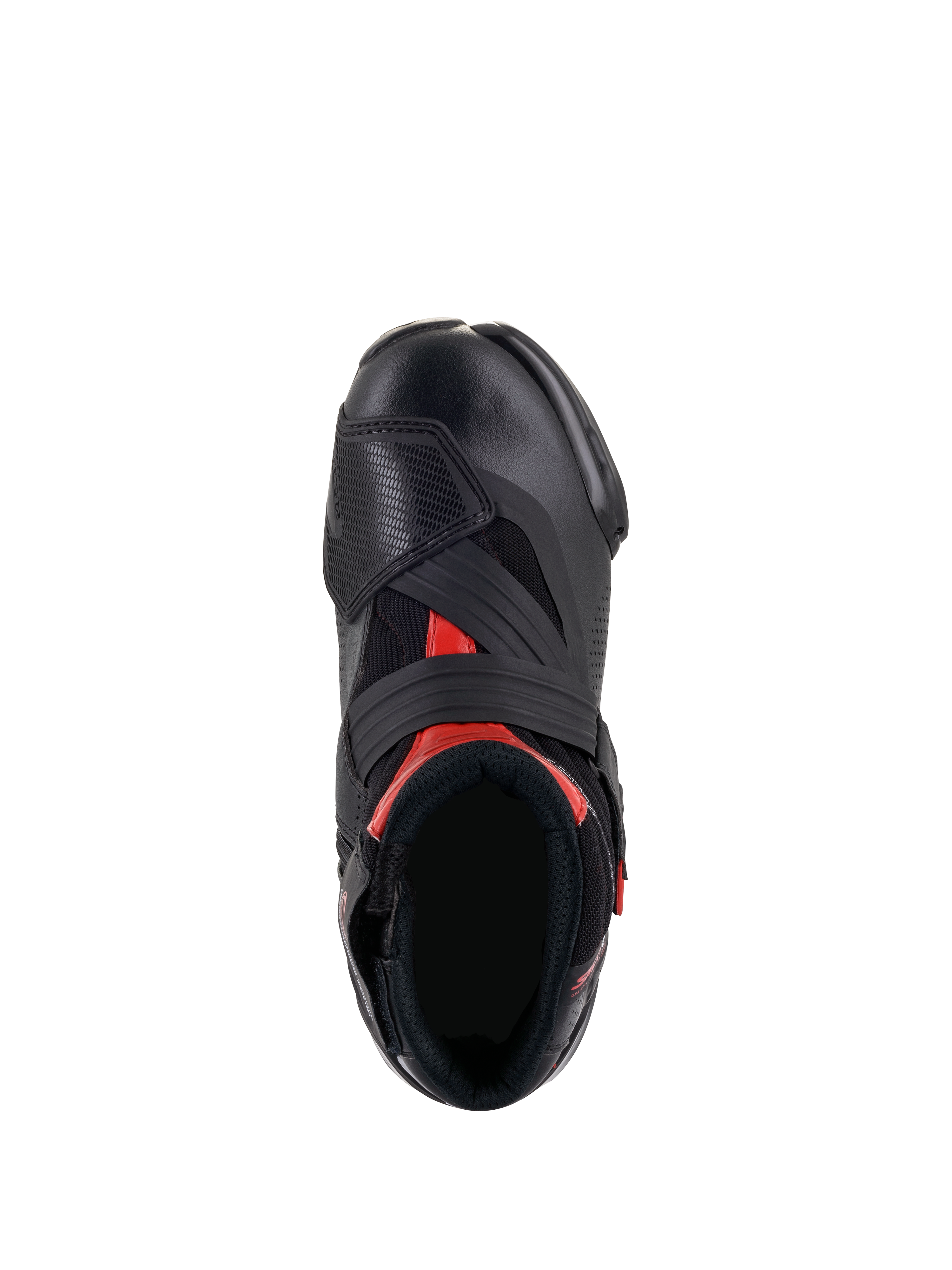 Alpinestars SMX-1 R V2 Vented Boots, czarno-czerwone, widok z góry pokazujący otwór na stopę i konstrukcję cholewki, perforowana mikrofibra, czerwone akcenty, szeroki pasek na rzep na podbiciu.