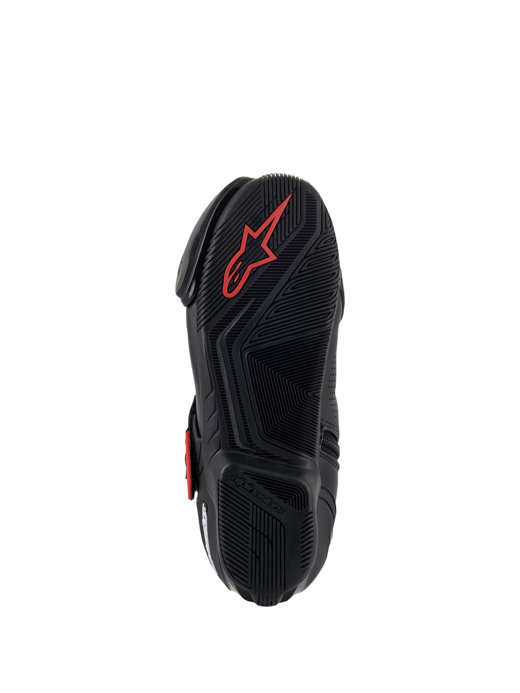 Alpinestars SMX-1 R V2 Vented Boots, buty motocyklowe, czarno-czerwone, widok od spodu na podeszwę z mieszanki gumowej z teksturowanym wzorem przyczepności i czerwonym logo Astars