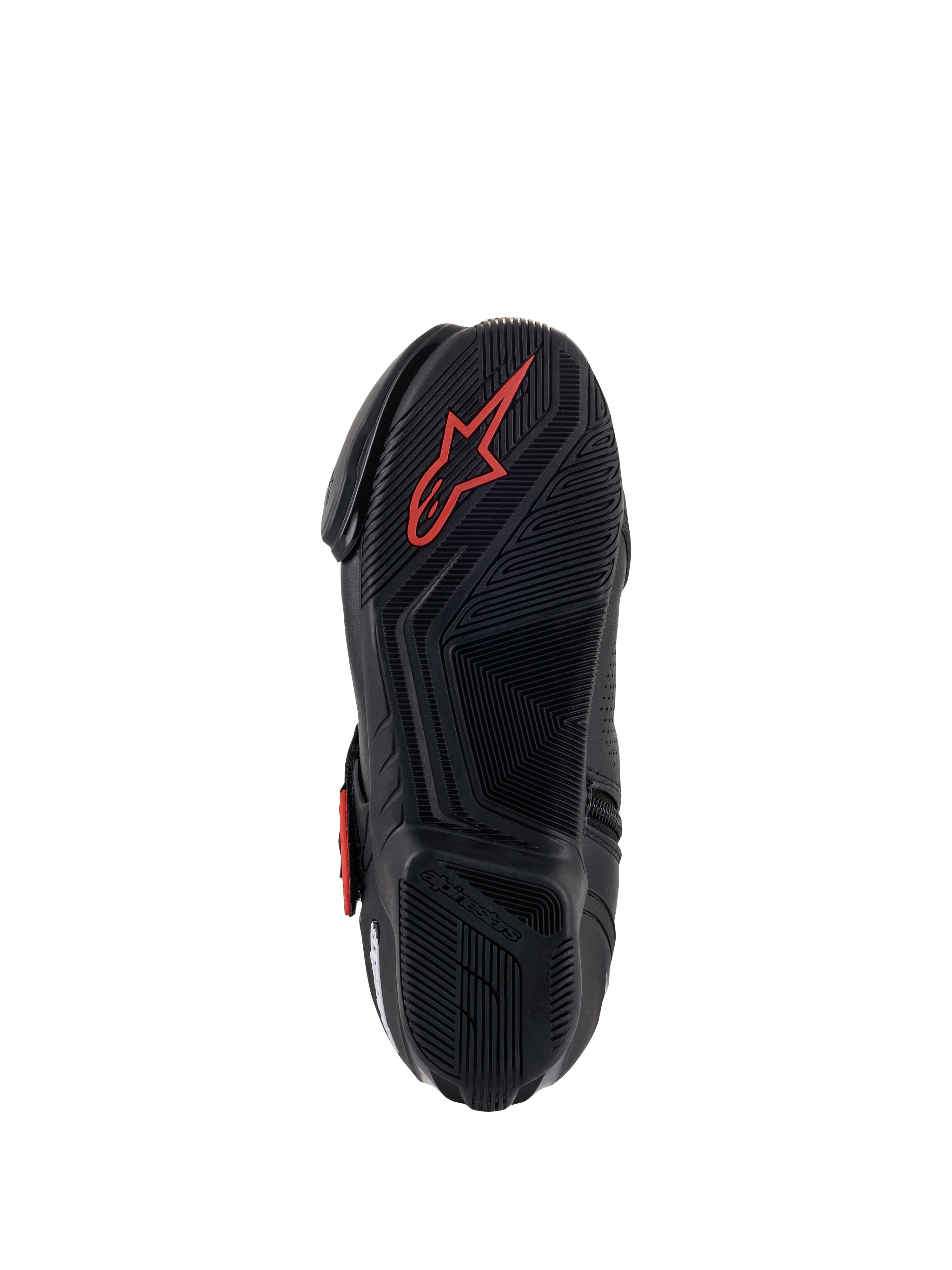 Alpinestars SMX-1 R V2 Vented Boots, buty motocyklowe, czarno-czerwone, widok od spodu na podeszwę z mieszanki gumowej z teksturowanym wzorem przyczepności i czerwonym logo Astars