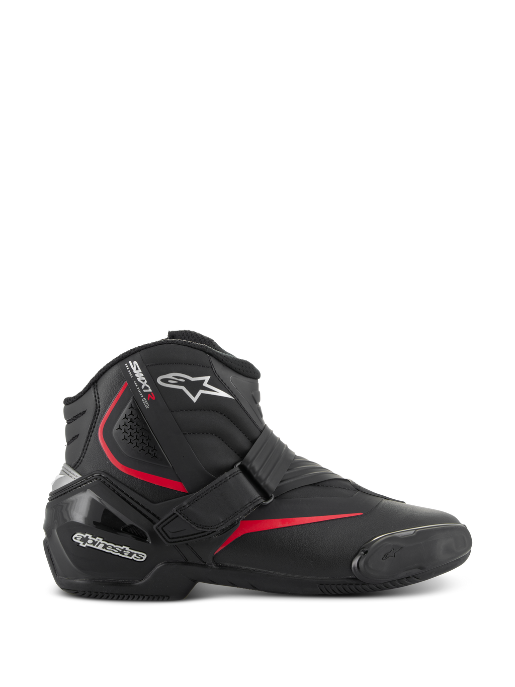 Alpinestars SMX-1 R V2 Boots, niskie buty motocyklowe, czarne z czerwonymi i białymi akcentami, zapięcie na rzep Velcro, wzmocniona osłona pięty TPU i ochrona kostki, harmonijkowe strefy elastyczne, teksturowana gumowa podeszwa do sportowej jazdy szosowej.
