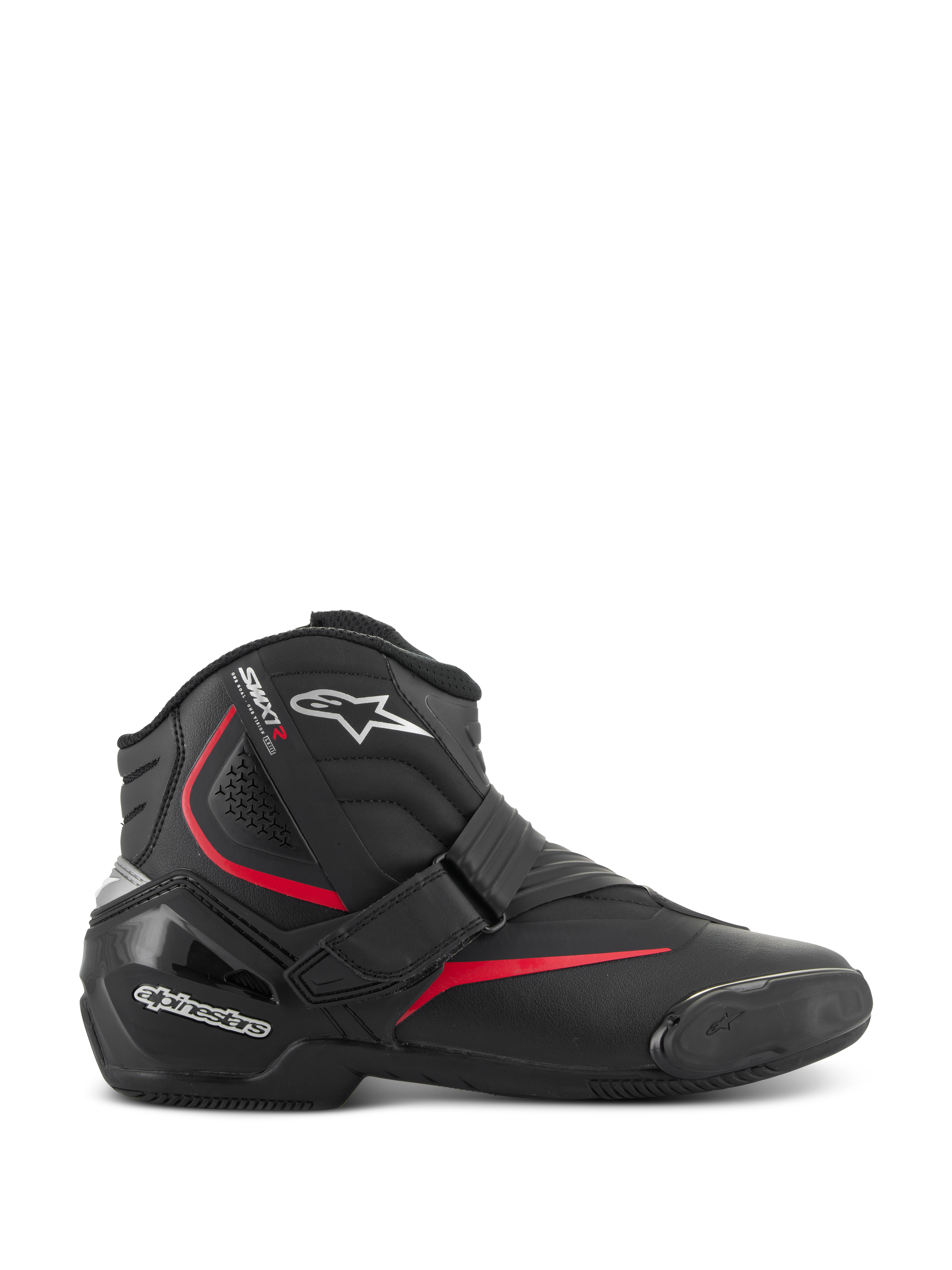 Alpinestars SMX-1 R V2 Boots, niskie buty motocyklowe, czarne z czerwonymi i białymi akcentami, zapięcie na rzep Velcro, wzmocniona osłona pięty TPU i ochrona kostki, harmonijkowe strefy elastyczne, teksturowana gumowa podeszwa do sportowej jazdy szosowej.