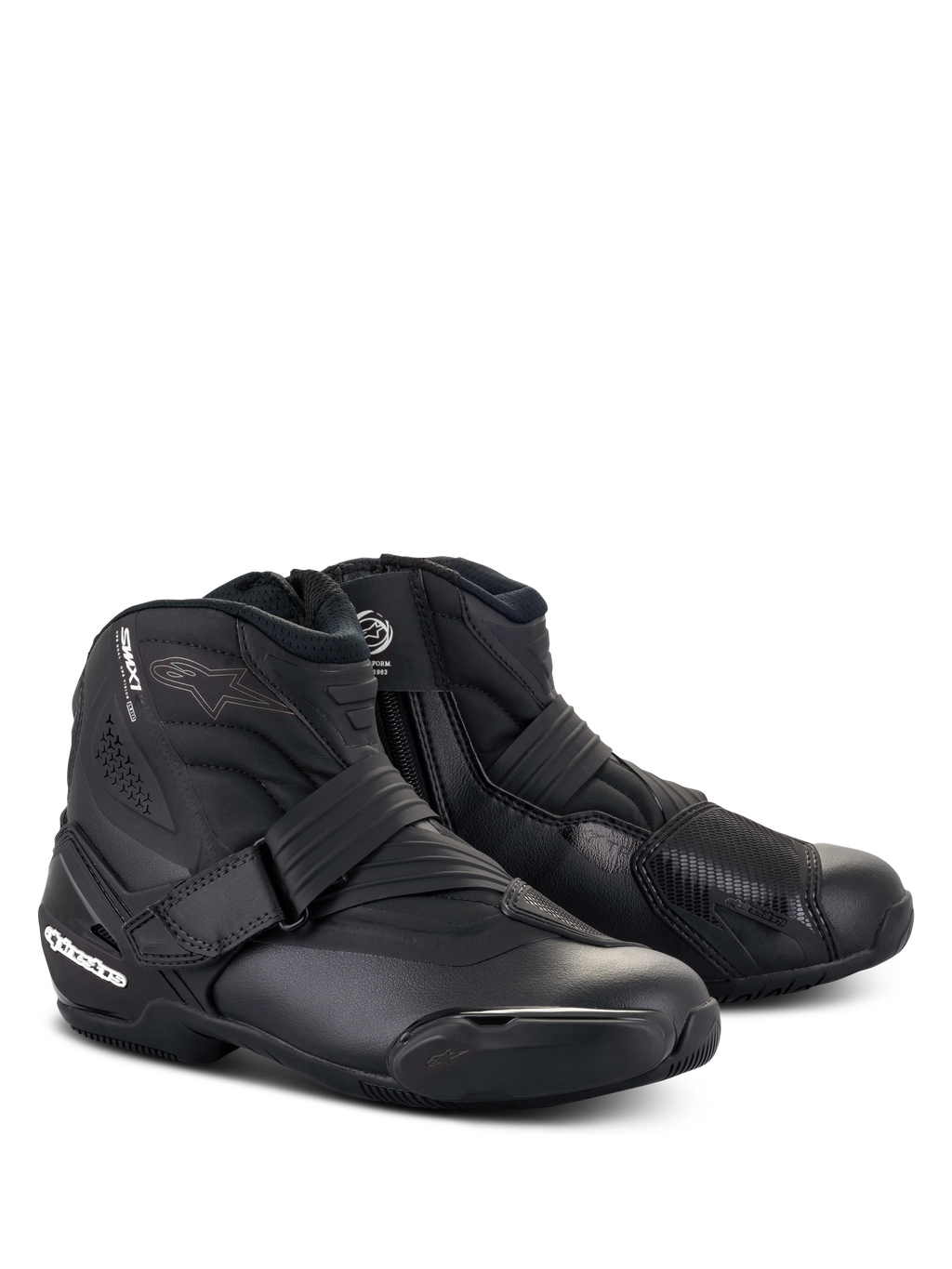 Alpinestars Stella SMX-1 R V2 Boots, damskie niskie buty motocyklowe, czarne, cholewka z mikrofibry, ochraniacz pięty i nakładka na zmianę biegów z TPU, zapięcie na pasek, sportowy profil aerodynamiczny