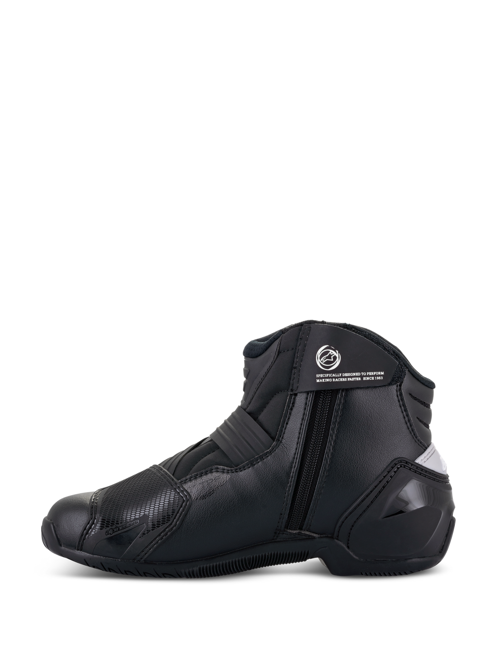 Alpinestars Women Stella SMX-1 R V2 Boots, czarne, niskie damskie buty motocyklowe, widok z boku przedstawiający zapięcie na zamek, pasek na kostkę z logo oraz konstrukcję z mikrofibry z ochraniaczem pięty TPU
