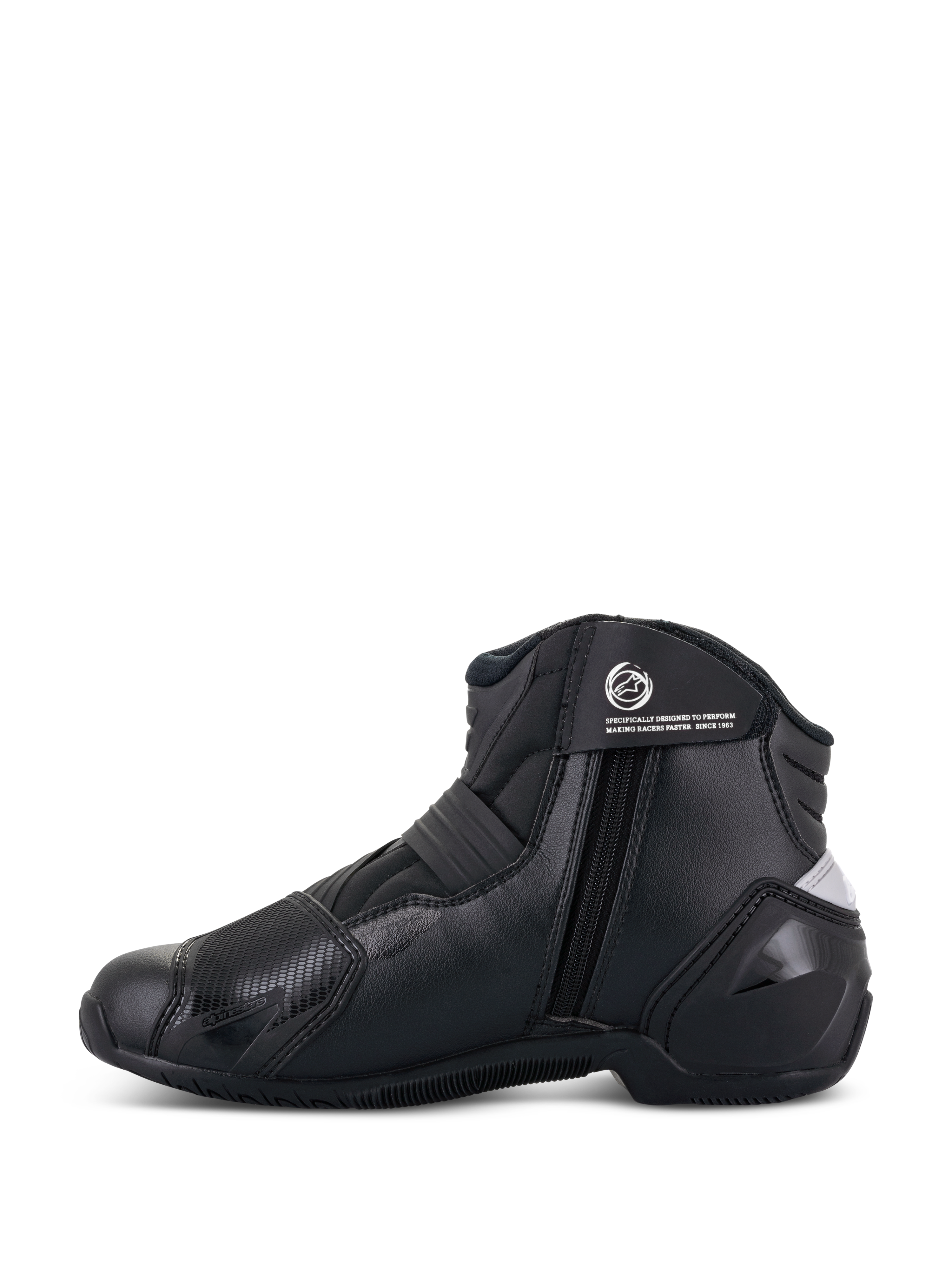 Alpinestars Women Stella SMX-1 R V2 Boots, czarne, niskie damskie buty motocyklowe, widok z boku przedstawiający zapięcie na zamek, pasek na kostkę z logo oraz konstrukcję z mikrofibry z ochraniaczem pięty TPU
