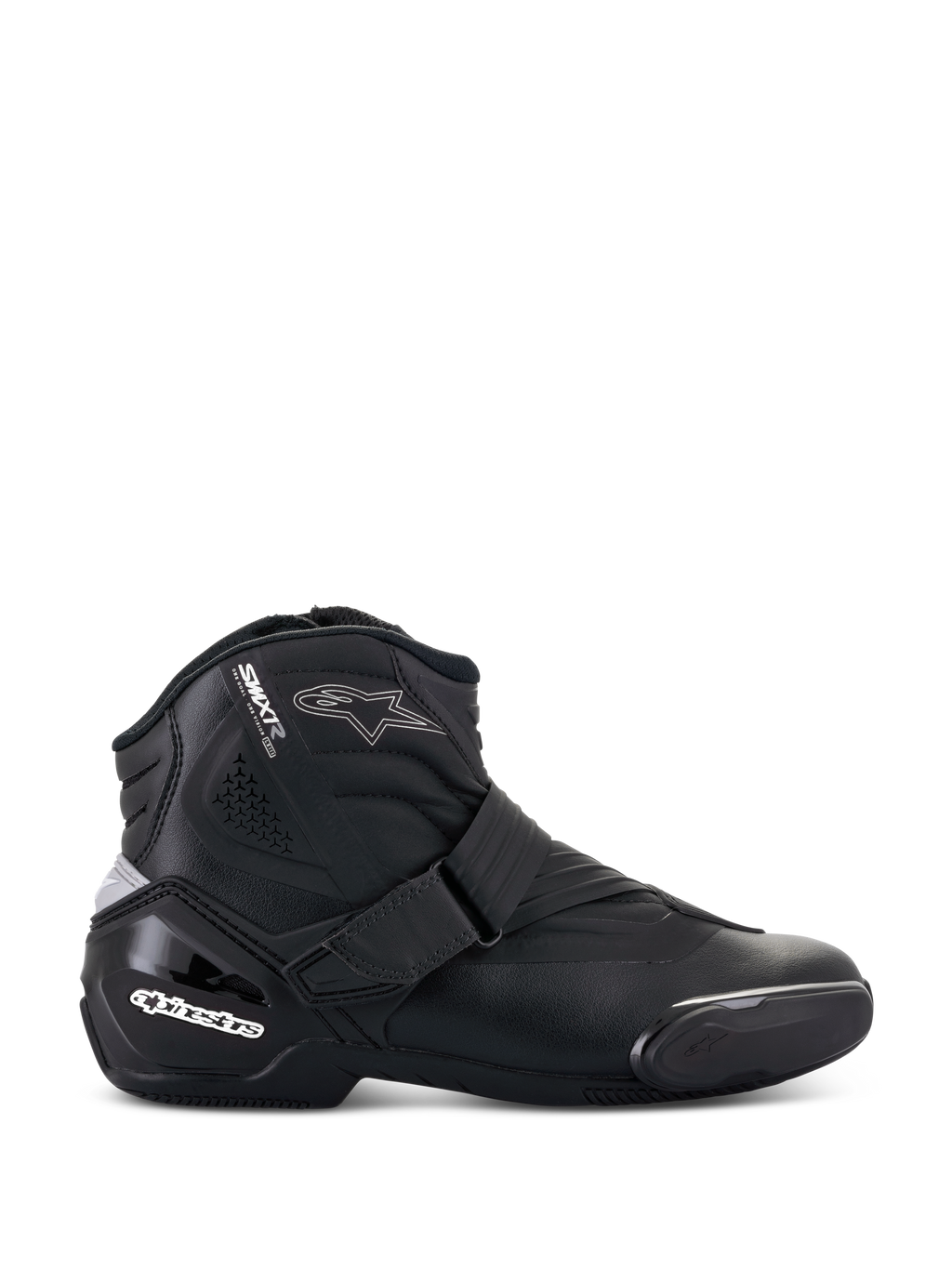 Buty Alpinestars Stella SMX-1 R V2, damskie niskie buty motocyklowe, czarne, widok z profilu bocznego, konstrukcja z mikrofibry, regulowane zapięcie na pasek, wzmocniony ochraniacz pięty TPU z białym brandingiem, akcent z logo gwiazdy i wytrzymała gumowa podeszwa.