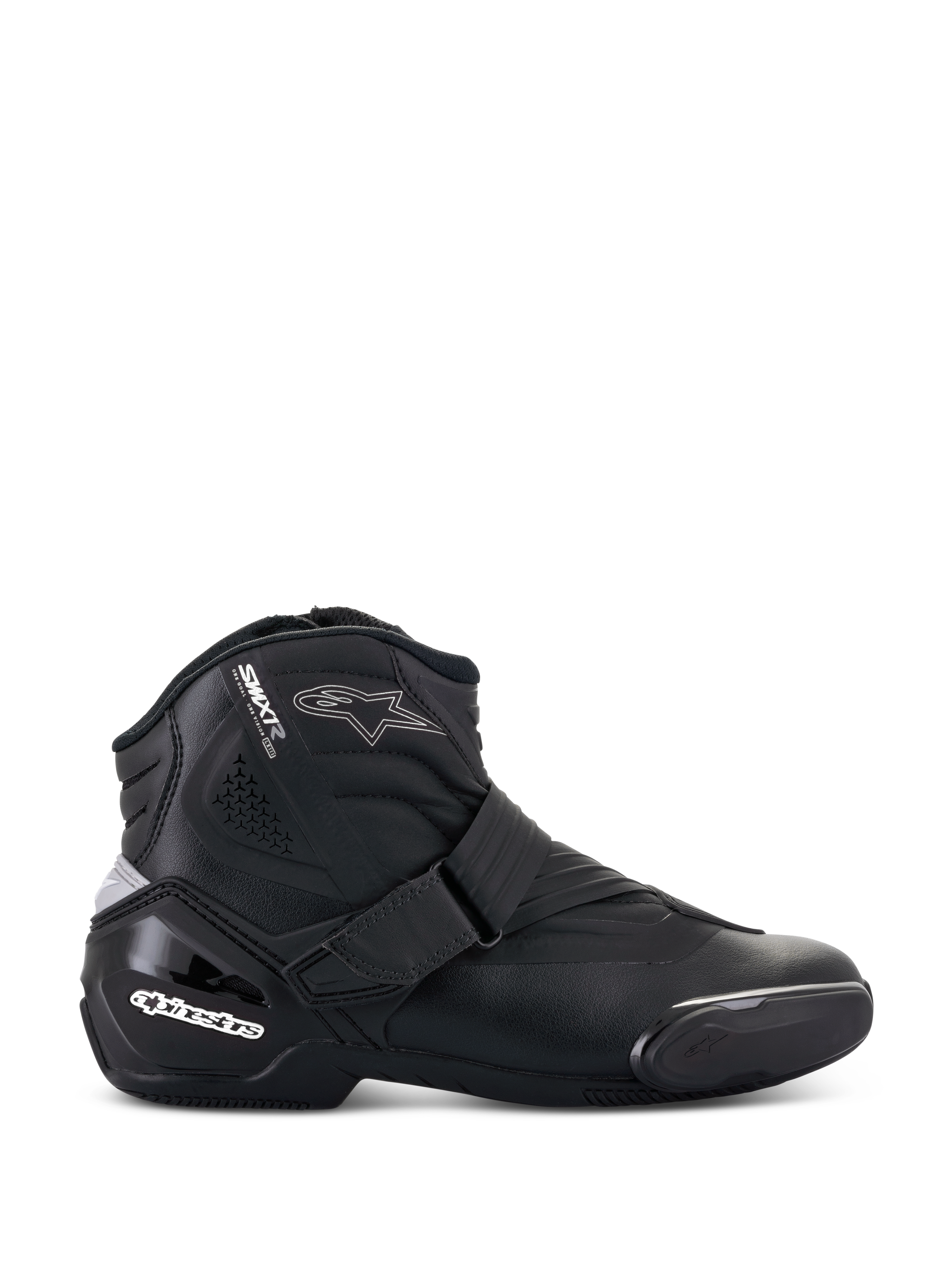 Buty Alpinestars Stella SMX-1 R V2, damskie niskie buty motocyklowe, czarne, widok z profilu bocznego, konstrukcja z mikrofibry, regulowane zapięcie na pasek, wzmocniony ochraniacz pięty TPU z białym brandingiem, akcent z logo gwiazdy i wytrzymała gumowa podeszwa.