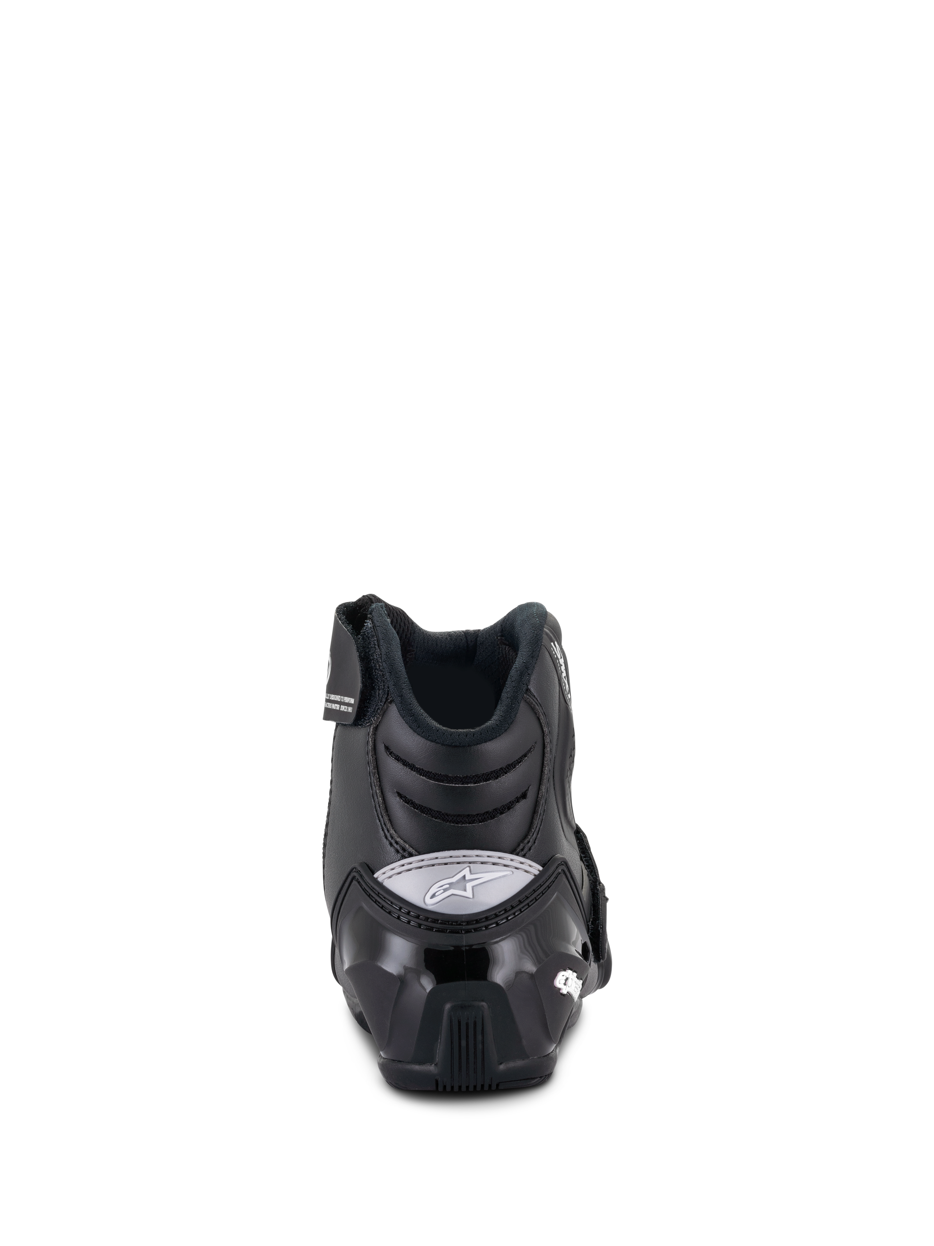 Alpinestars Women Stella SMX-1 R V2 Boots, niskie buty motocyklowe, czarne, widok z tyłu prezentujący wzmocniony zapiętek TPU i szare logo Alpinestars, sportowe obuwie motocyklowe