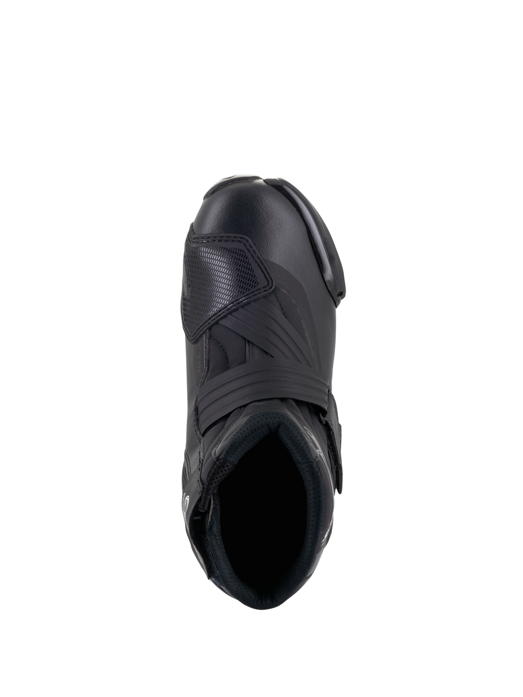 Alpinestars Women Stella SMX-1 R V2 Boots, damskie niskie buty motocyklowe, czarne, widok z góry pokazujący otwór na stopę, pasek na podbiciu i teksturowaną nakładkę TPU do zmiany biegów, smukła konstrukcja z mikrofibry