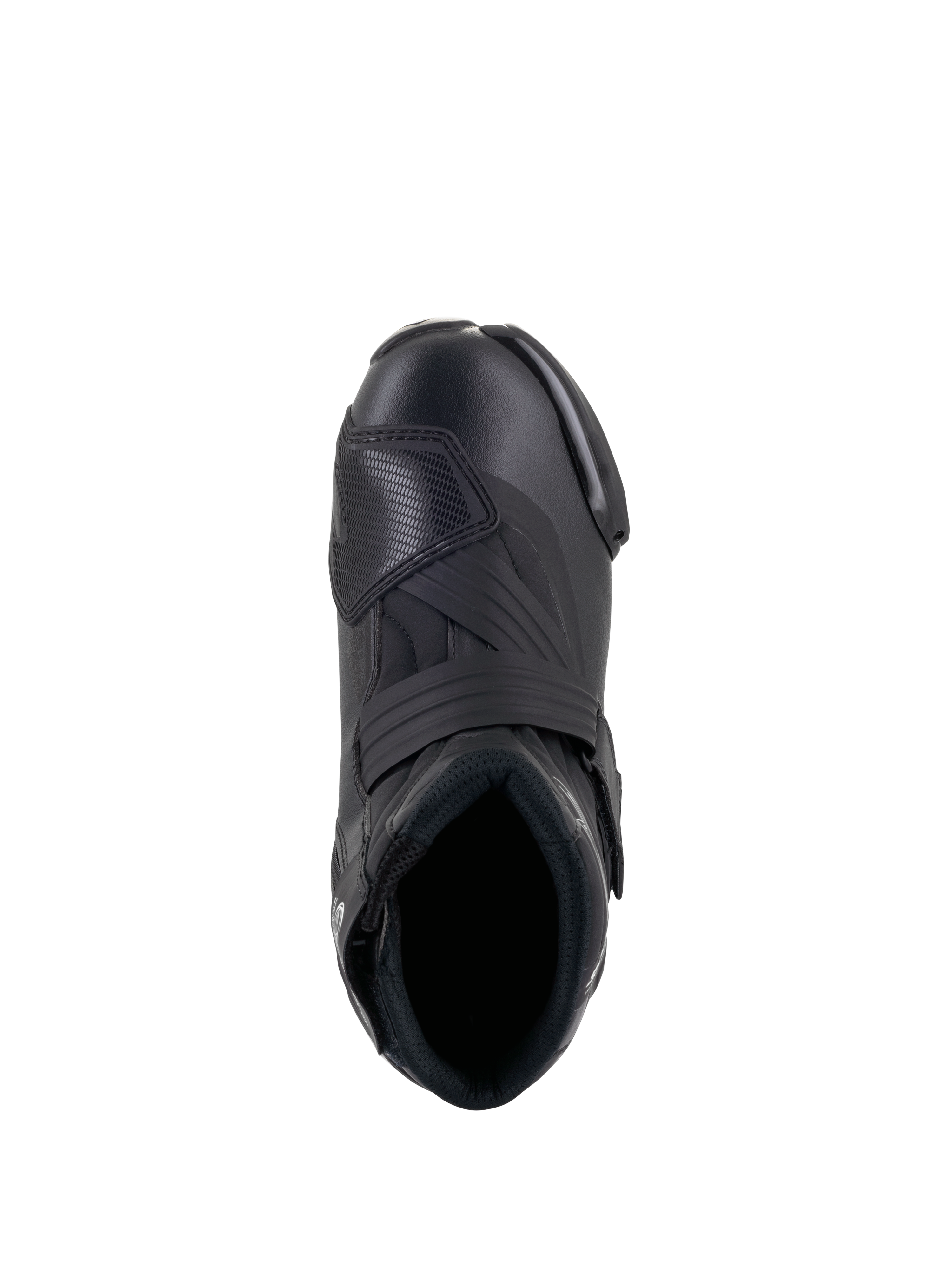 Alpinestars Women Stella SMX-1 R V2 Boots, damskie niskie buty motocyklowe, czarne, widok z góry pokazujący otwór na stopę, pasek na podbiciu i teksturowaną nakładkę TPU do zmiany biegów, smukła konstrukcja z mikrofibry