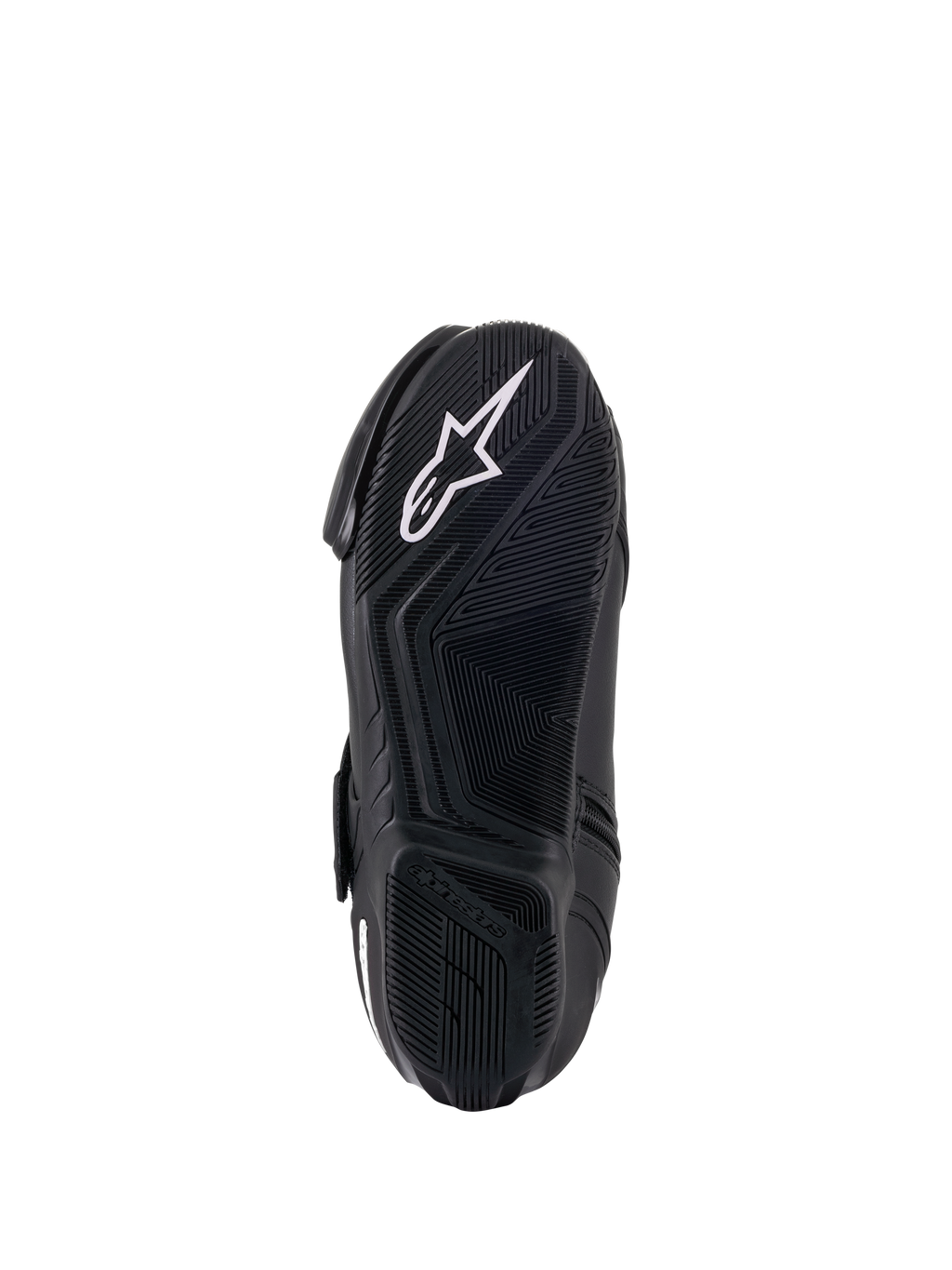 Buty damskie Alpinestars Stella SMX-1 R V2, czarne, widok podeszwy z mieszanki gumowej od spodu, wzór o wysokiej przyczepności i białe logo gwiazdy Alpinestars, wyczynowe obuwie motocyklowe
