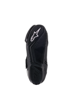 Buty damskie Alpinestars Stella SMX-1 R V2, czarne, widok podeszwy z mieszanki gumowej od spodu, wzór o wysokiej przyczepności i białe logo gwiazdy Alpinestars, wyczynowe obuwie motocyklowe