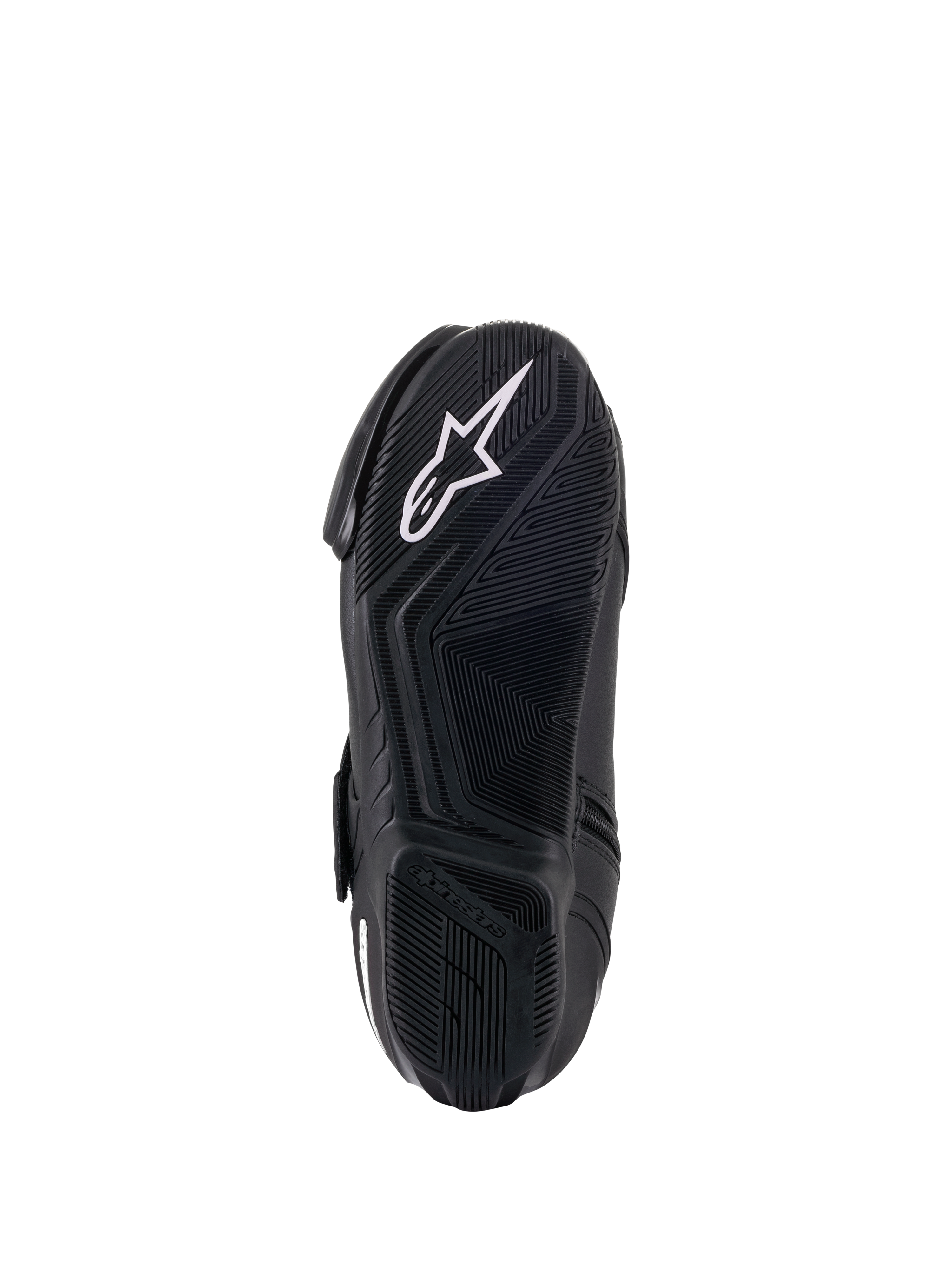 Buty damskie Alpinestars Stella SMX-1 R V2, czarne, widok podeszwy z mieszanki gumowej od spodu, wzór o wysokiej przyczepności i białe logo gwiazdy Alpinestars, wyczynowe obuwie motocyklowe
