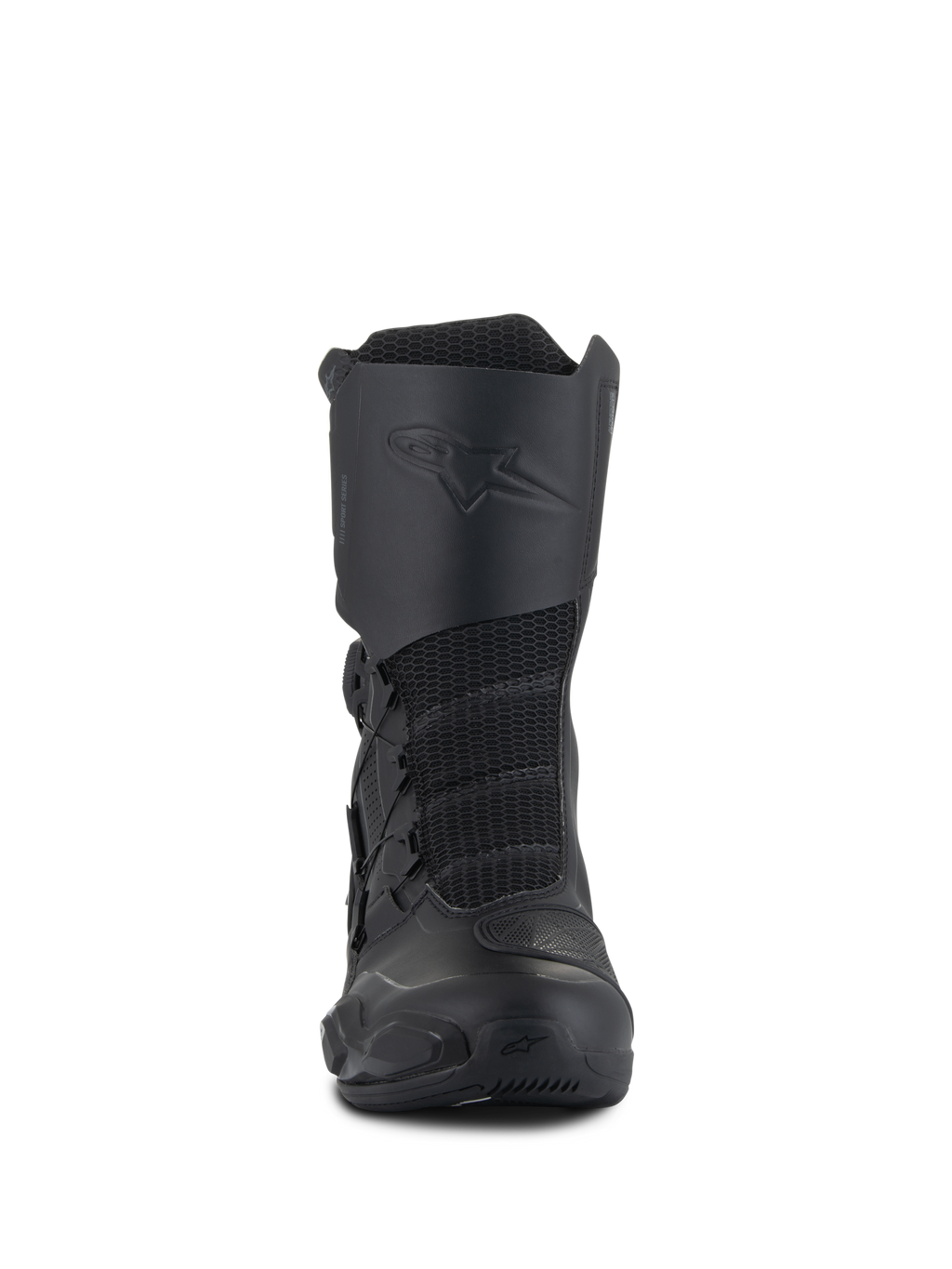 Buty Alpinestars SP-X BOA® Drystar®, średniej wysokości sportowo-turystyczne buty motocyklowe, czarne, z siatkowymi panelami z przodu, wytłoczonym logo na płytce goleniowej oraz systemem zapięcia BOA Speed Lace dla bezpiecznego dopasowania.