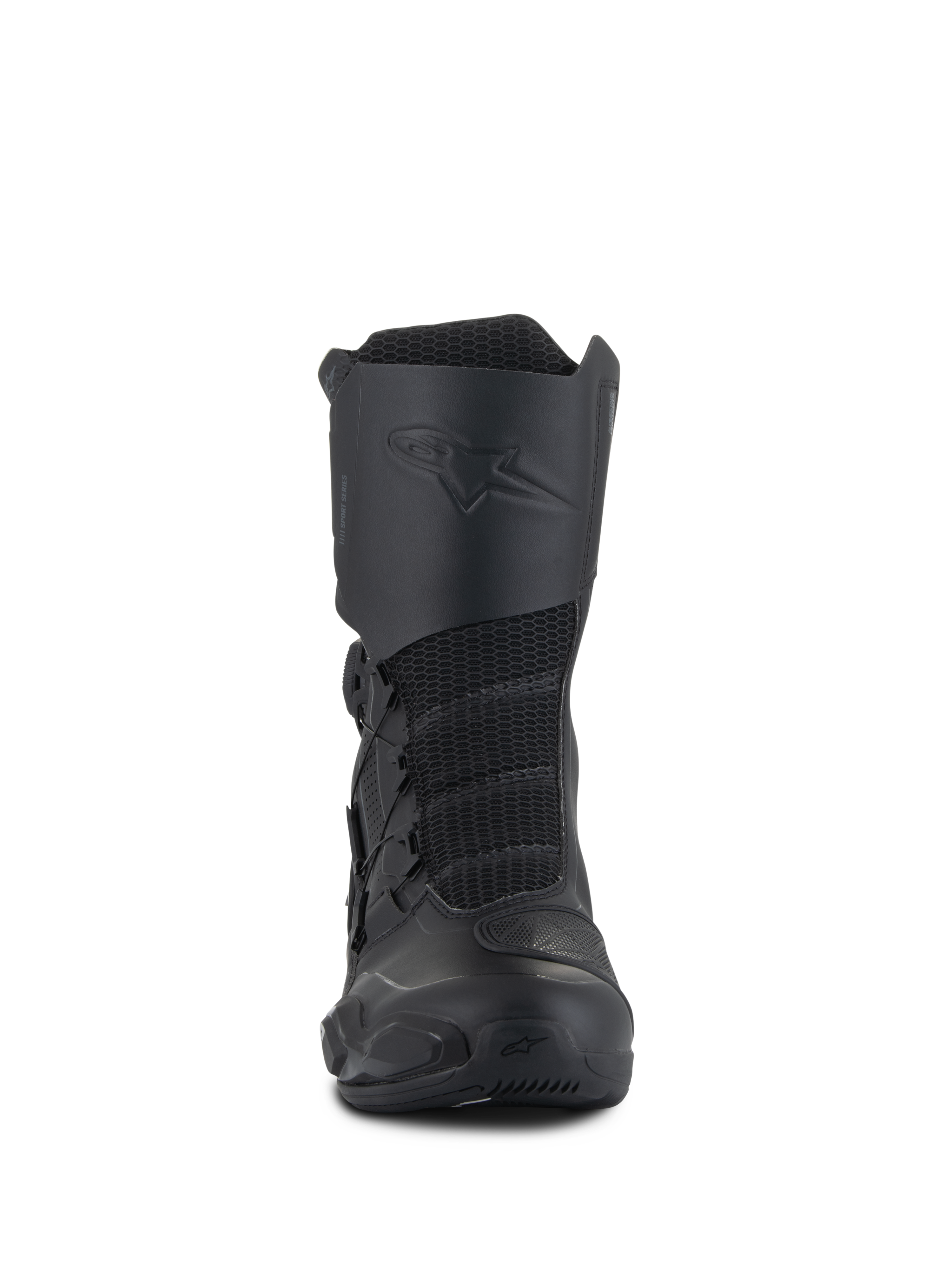 Buty Alpinestars SP-X BOA® Drystar®, średniej wysokości sportowo-turystyczne buty motocyklowe, czarne, z siatkowymi panelami z przodu, wytłoczonym logo na płytce goleniowej oraz systemem zapięcia BOA Speed Lace dla bezpiecznego dopasowania.