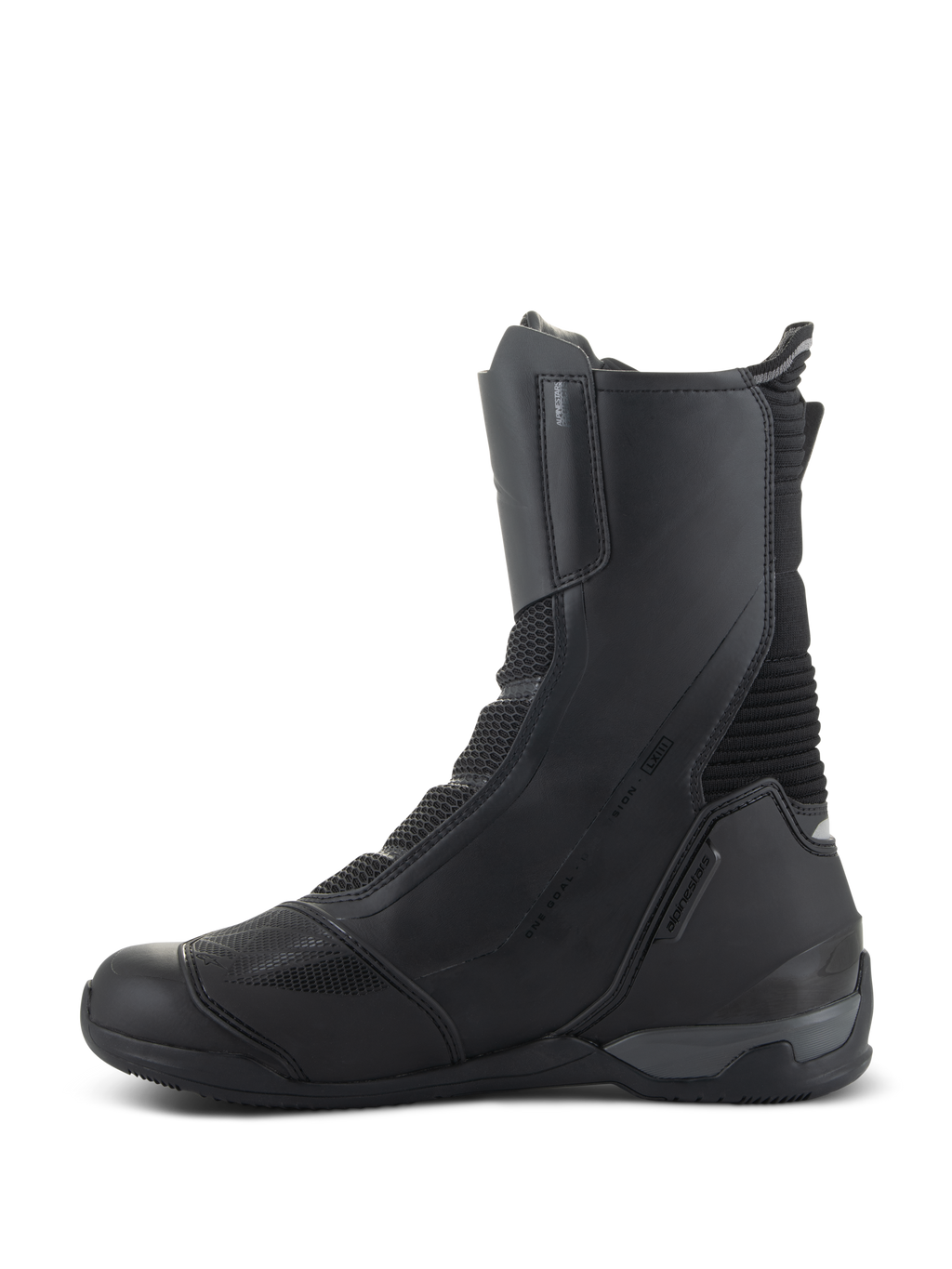 Buty Alpinestars SP-X BOA Drystar, motocyklowe buty sportowo-turystyczne o średniej wysokości, czarne, widok od strony wewnętrznej ukazujący konstrukcję z mikrowłókna i siatki, wzmocnioną osłonę pięty oraz smukły, ochronny design do jazdy szosowej