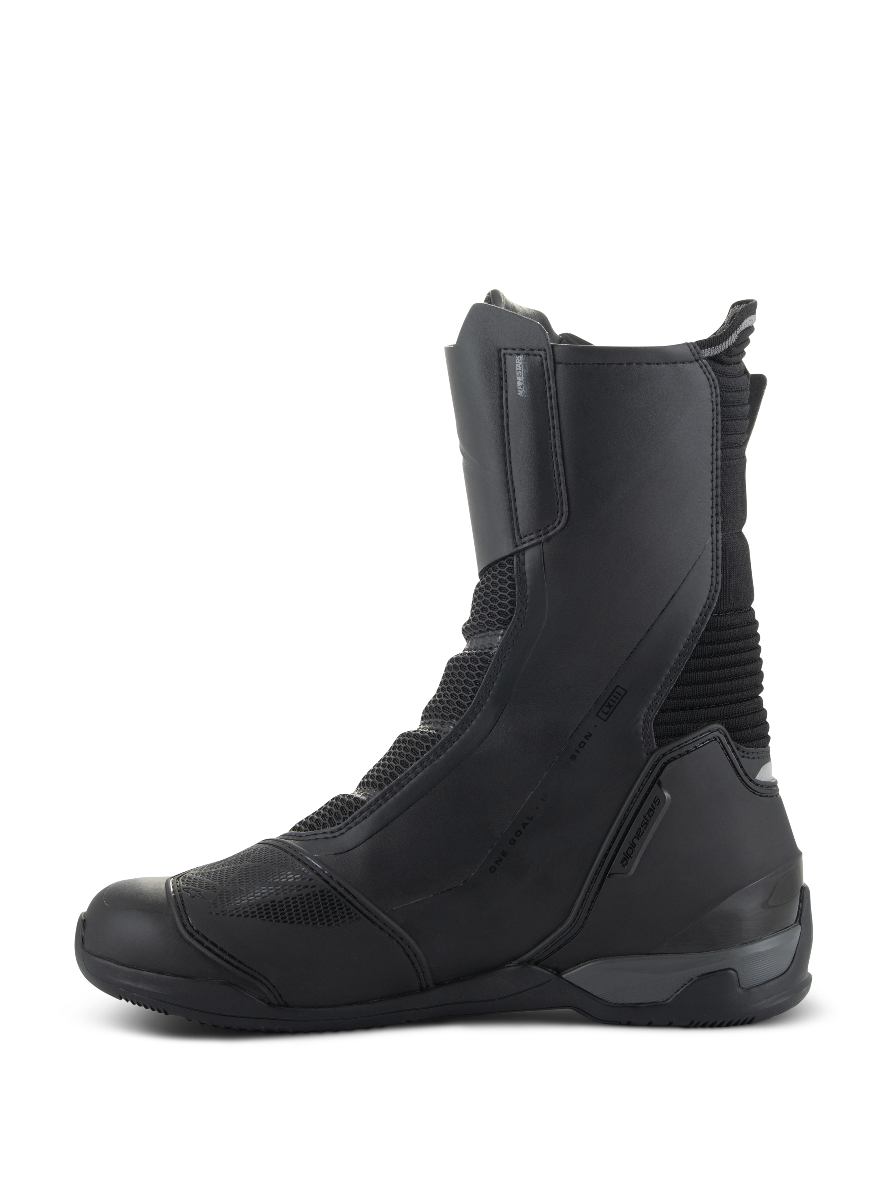 Buty Alpinestars SP-X BOA Drystar, motocyklowe buty sportowo-turystyczne o średniej wysokości, czarne, widok od strony wewnętrznej ukazujący konstrukcję z mikrowłókna i siatki, wzmocnioną osłonę pięty oraz smukły, ochronny design do jazdy szosowej