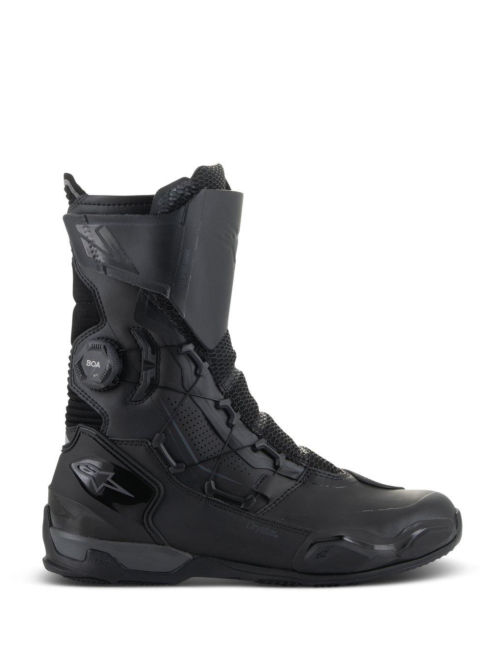 Buty Alpinestars SP-X BOA Drystar, buty motocyklowe turystyczne, czarne i ciemnoszare, profil boczny ukazujący system BOA Speed Lace i oznaczenie Drystar, wodoodporna konstrukcja o średniej wysokości ze wzmocnieniami z siatki mesh i TPU