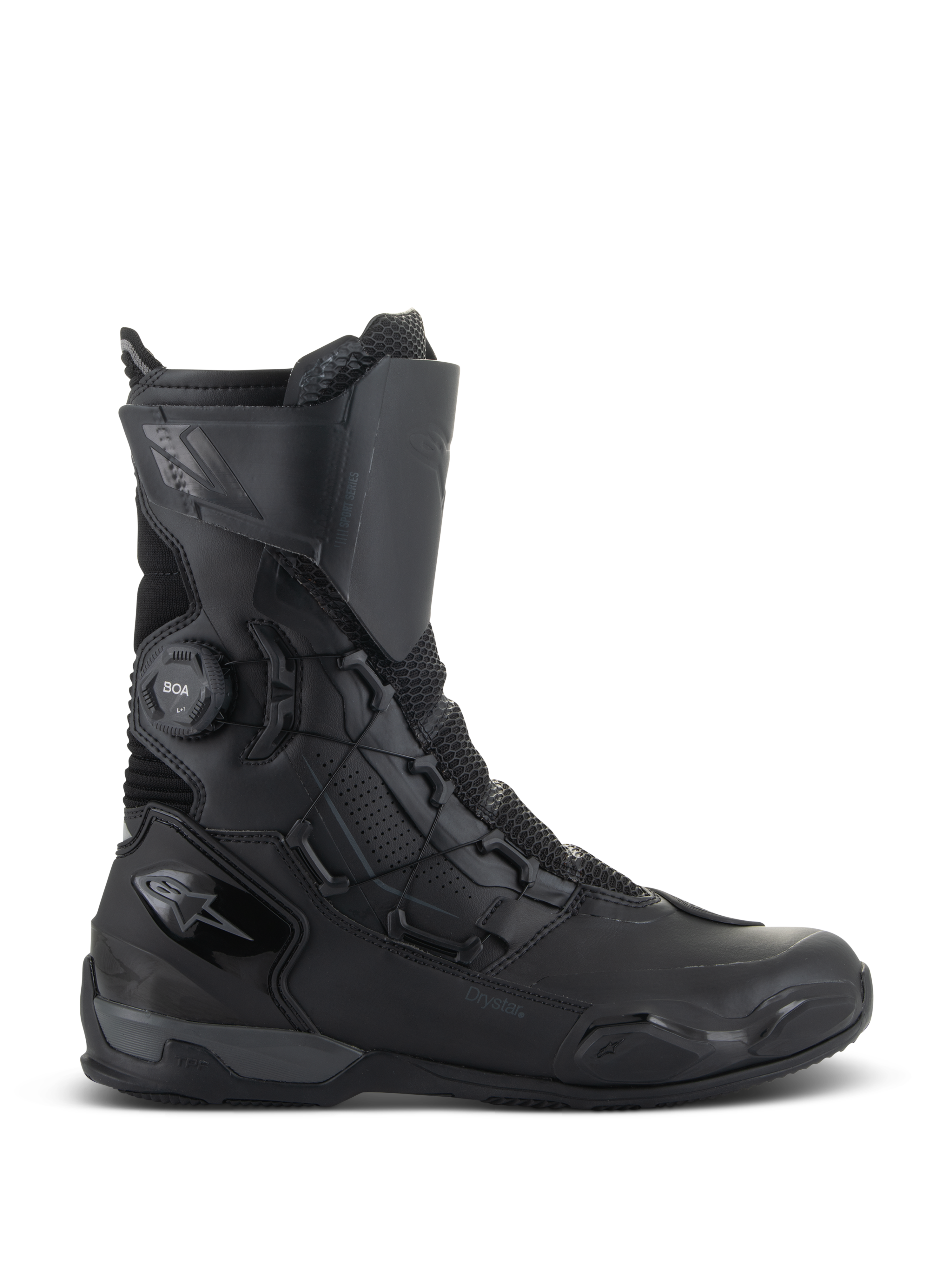 Buty Alpinestars SP-X BOA Drystar, buty motocyklowe turystyczne, czarne i ciemnoszare, profil boczny ukazujący system BOA Speed Lace i oznaczenie Drystar, wodoodporna konstrukcja o średniej wysokości ze wzmocnieniami z siatki mesh i TPU