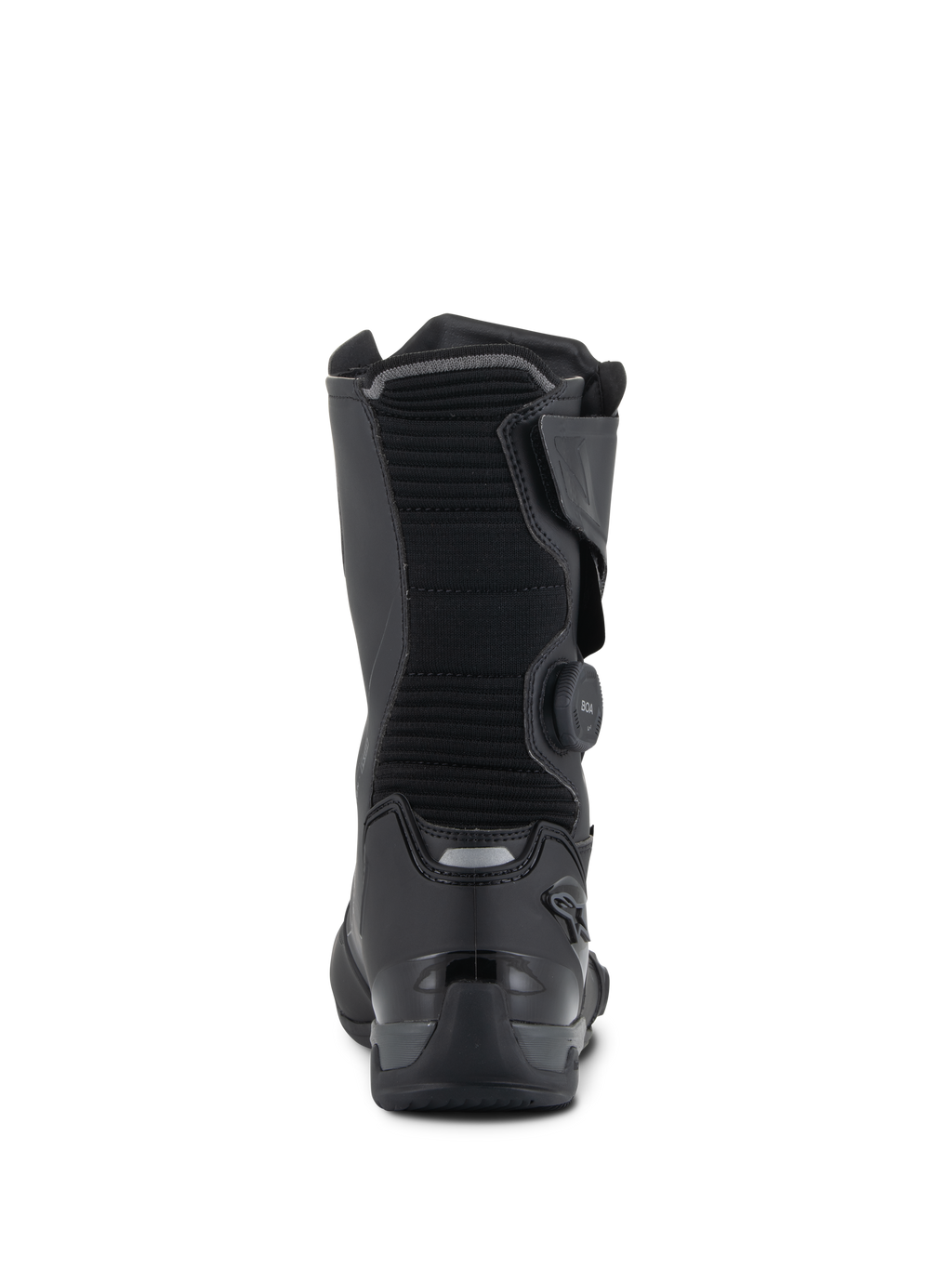 Buty Alpinestars SP-X BOA® Drystar®, czarne i ciemnoszare, widok z tyłu ukazujący prążkowaną tekstylną łydkę, pokrętło BOA z boku oraz wzmocnioną konstrukcję pięty z TPU z odblaskowymi detalami, techniczne obuwie sportowo-turystyczne