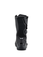 Buty Alpinestars SP-X BOA® Drystar®, czarne i ciemnoszare, widok z tyłu ukazujący prążkowaną tekstylną łydkę, pokrętło BOA z boku oraz wzmocnioną konstrukcję pięty z TPU z odblaskowymi detalami, techniczne obuwie sportowo-turystyczne