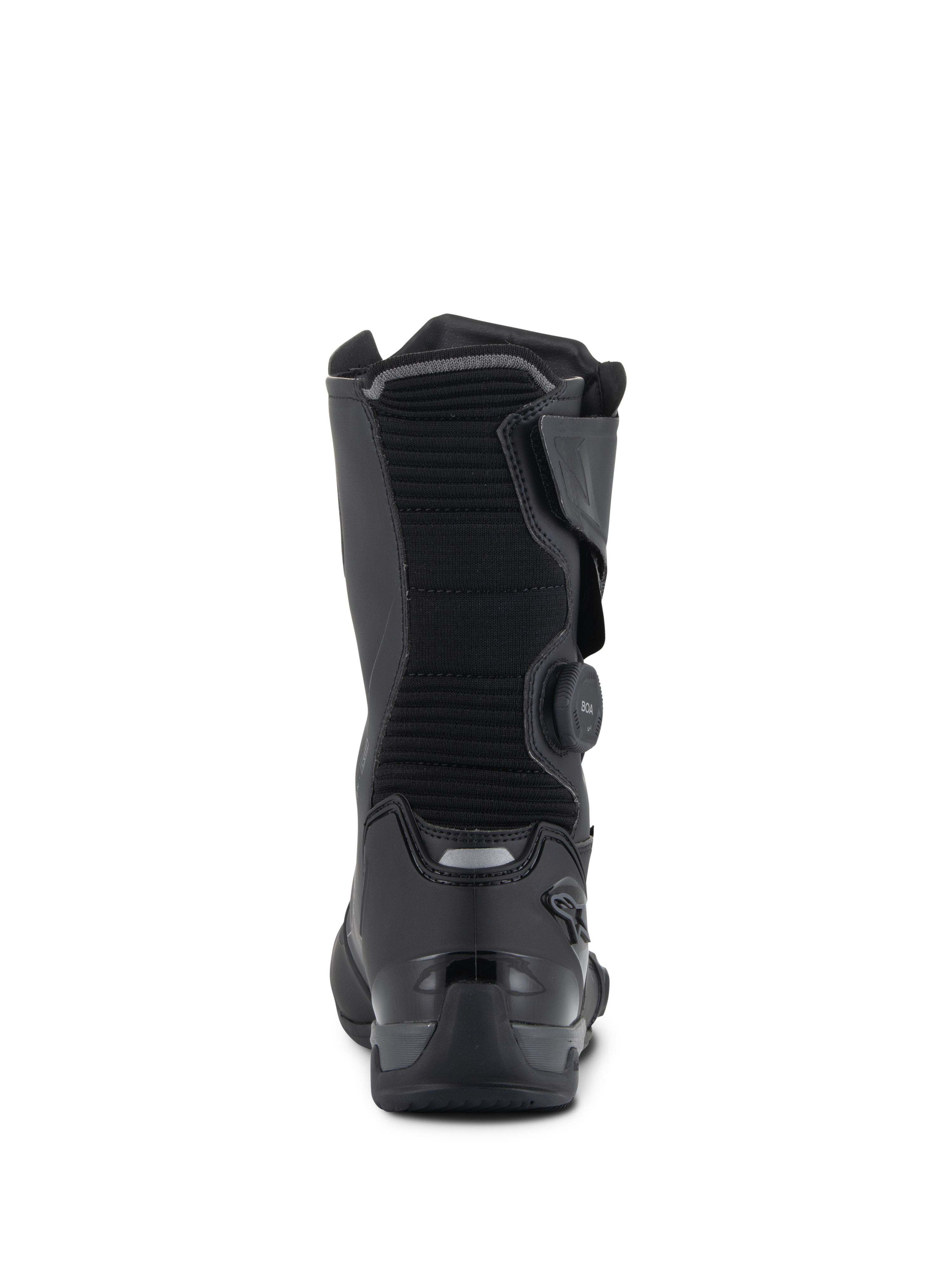 Buty Alpinestars SP-X BOA® Drystar®, czarne i ciemnoszare, widok z tyłu ukazujący prążkowaną tekstylną łydkę, pokrętło BOA z boku oraz wzmocnioną konstrukcję pięty z TPU z odblaskowymi detalami, techniczne obuwie sportowo-turystyczne