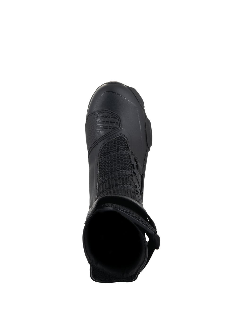 Buty Alpinestars SP-X BOA Drystar, motocyklowe buty sportowo-turystyczne, czarne, widok z góry ukazujący wnętrze, panele z siatki i osłonę zmiany biegów z TPU, zaprojektowane dla zapewnienia wodoodporności i komfortu