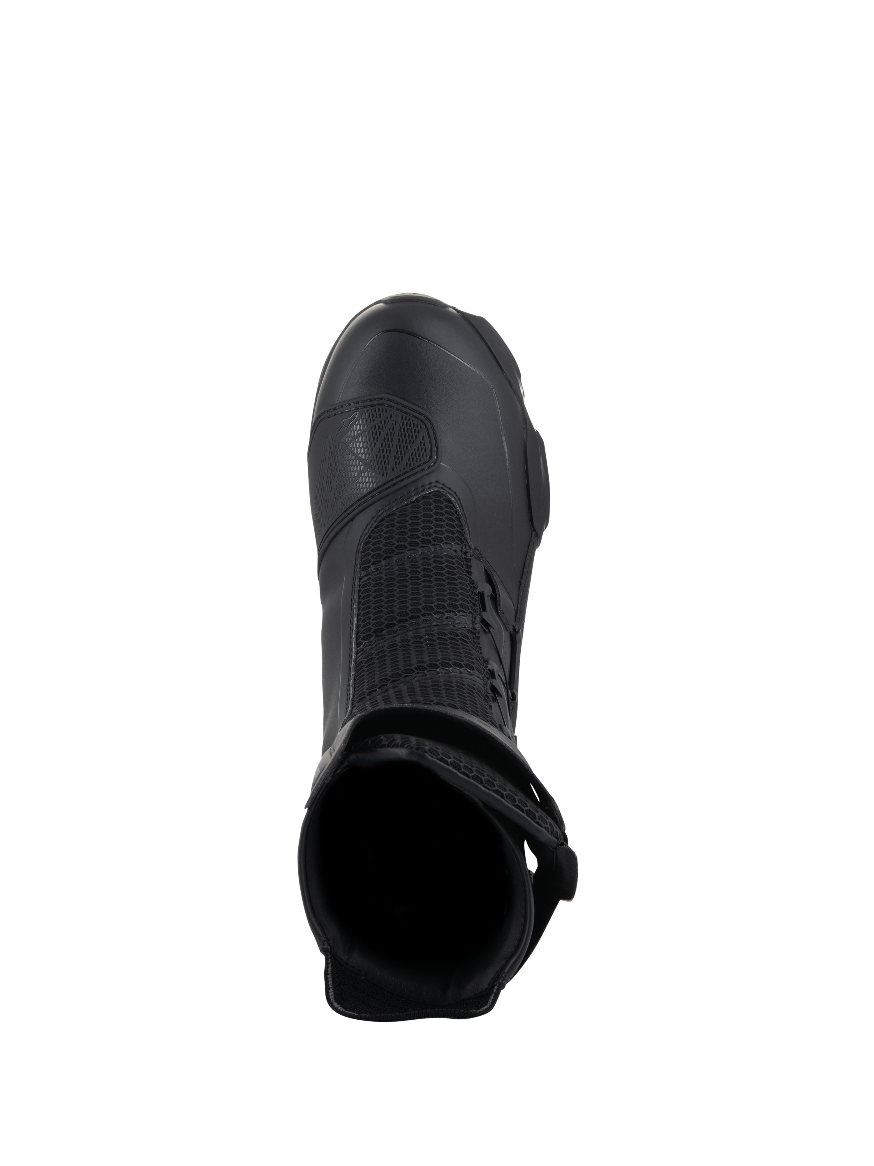 Buty Alpinestars SP-X BOA Drystar, motocyklowe buty sportowo-turystyczne, czarne, widok z góry ukazujący wnętrze, panele z siatki i osłonę zmiany biegów z TPU, zaprojektowane dla zapewnienia wodoodporności i komfortu