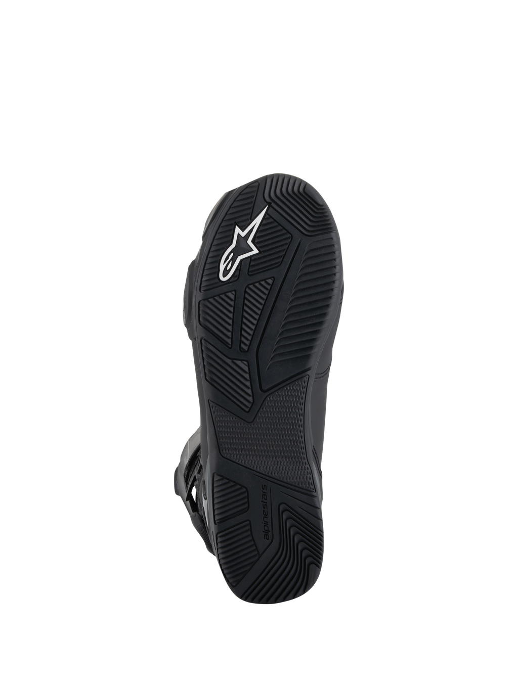 Buty Alpinestars SP-X BOA® Drystar®, buty motocyklowe, widok od dołu czarnej gumowej podeszwy, teksturowany wzór bieżnika, białe logo Astar, wytłoczone logo marki zapewniające przyczepność i stabilność