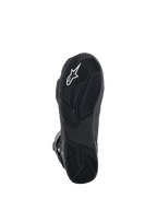 Buty Alpinestars SP-X BOA® Drystar®, buty motocyklowe, widok od dołu czarnej gumowej podeszwy, teksturowany wzór bieżnika, białe logo Astar, wytłoczone logo marki zapewniające przyczepność i stabilność