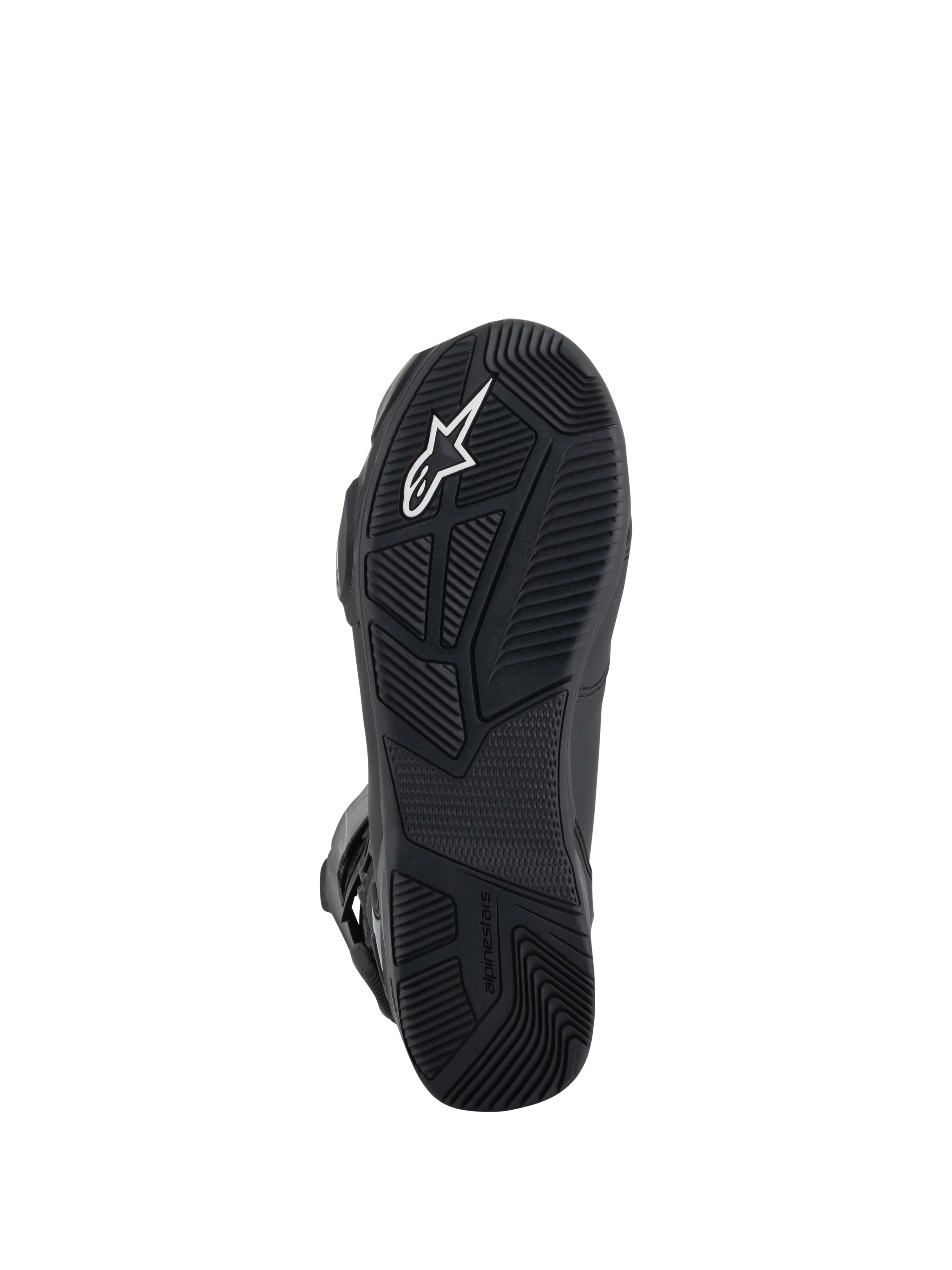 Buty Alpinestars SP-X BOA® Drystar®, buty motocyklowe, widok od dołu czarnej gumowej podeszwy, teksturowany wzór bieżnika, białe logo Astar, wytłoczone logo marki zapewniające przyczepność i stabilność