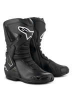 Buty Alpinestars SMX-6 V3 Drystar®, wyczynowe buty motocyklowe, czarne, wyposażone w ochraniacze goleni TPU z białym logo Alpinestars, wymienne ślizgacze palców i zaawansowaną konstrukcję z mikrowłókna, odzież do jazdy sportowej i ulicznej