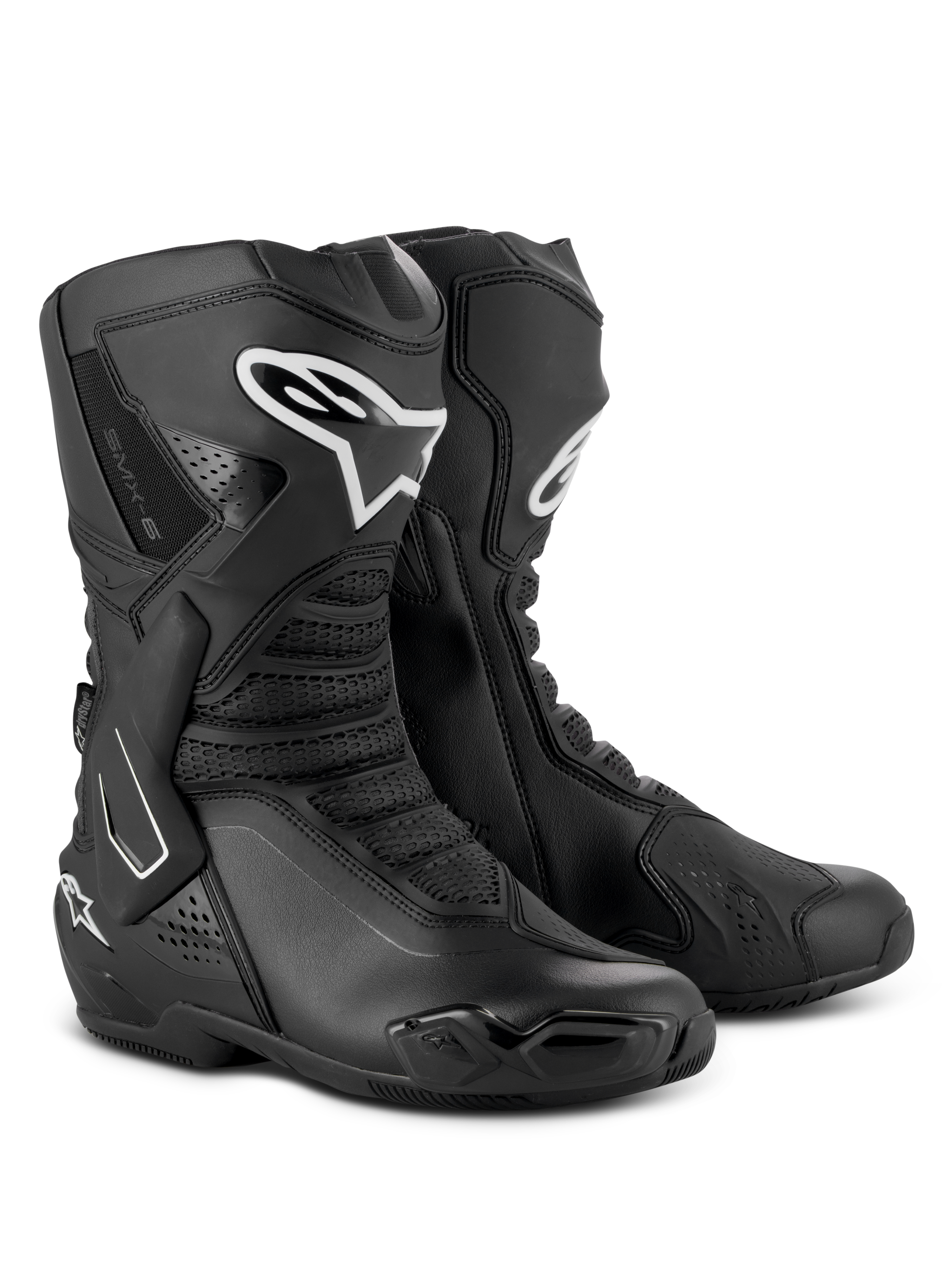Buty Alpinestars SMX-6 V3 Drystar®, wyczynowe buty motocyklowe, czarne, wyposażone w ochraniacze goleni TPU z białym logo Alpinestars, wymienne ślizgacze palców i zaawansowaną konstrukcję z mikrowłókna, odzież do jazdy sportowej i ulicznej