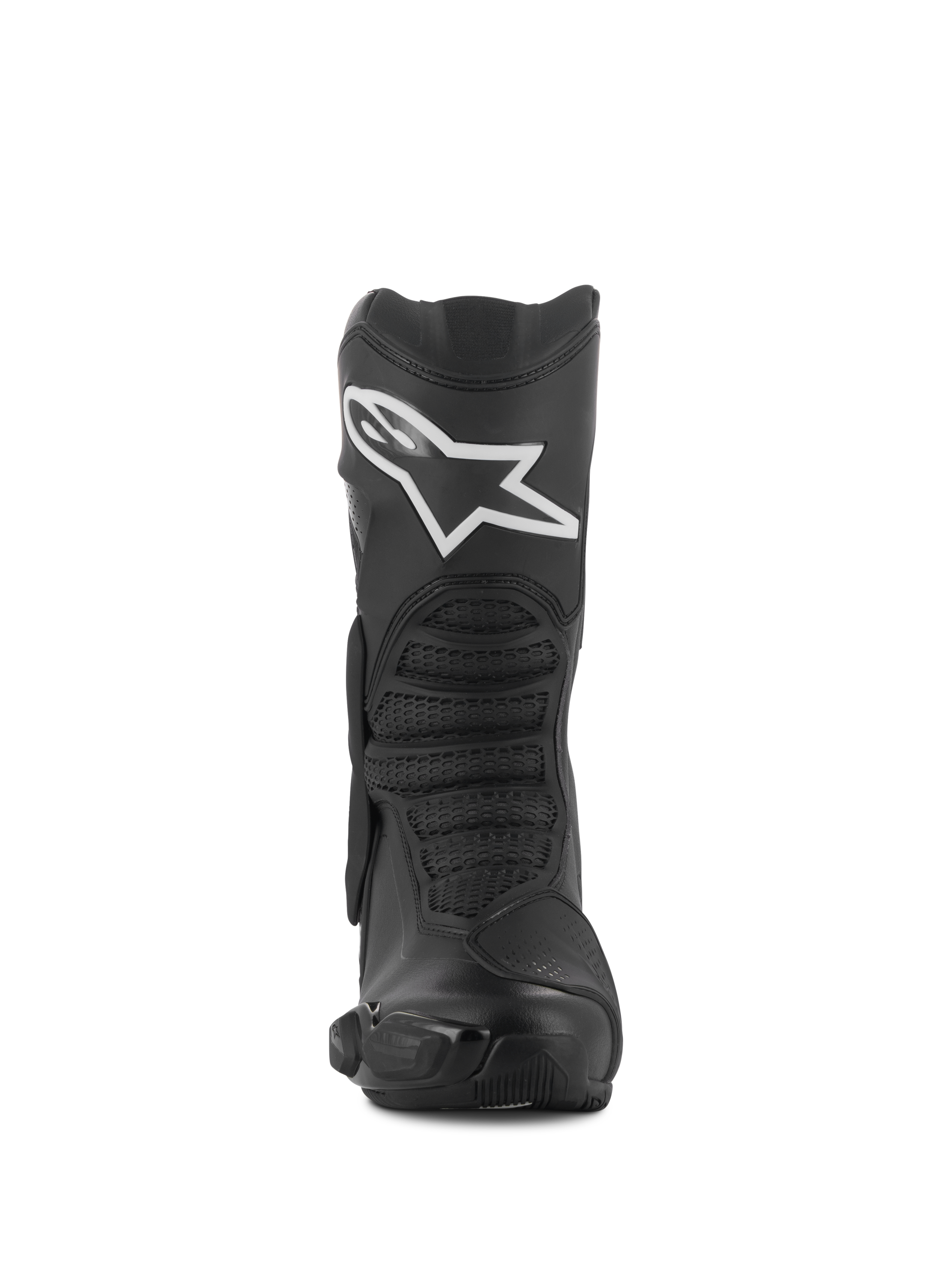 Buty Alpinestars SMX-6 V3 Drystar®, czarne, widok z przodu, sportowe i wyczynowe buty motocyklowe, białe logo Alpinestars na goleniu, ochraniacze TPU, teksturowane strefy zgięcia