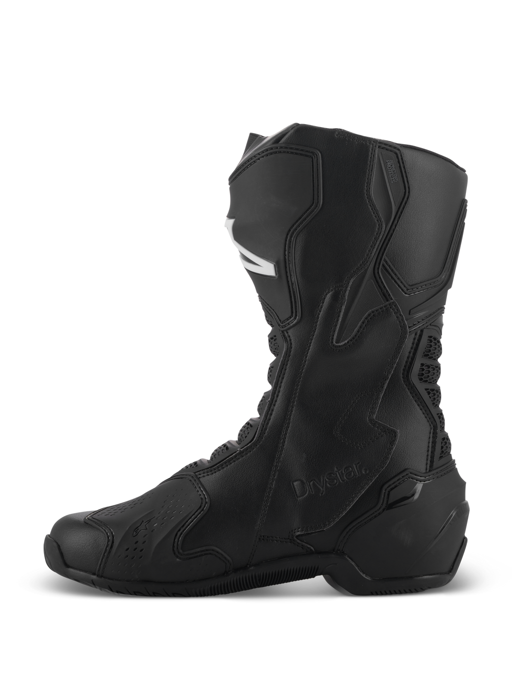 Buty Alpinestars SMX-6 V3 Drystar®, czarne wyczynowe buty motocyklowe, profil boczny ukazujący wysoką konstrukcję z mikrofibry, ochronne panele TPU i logo Drystar