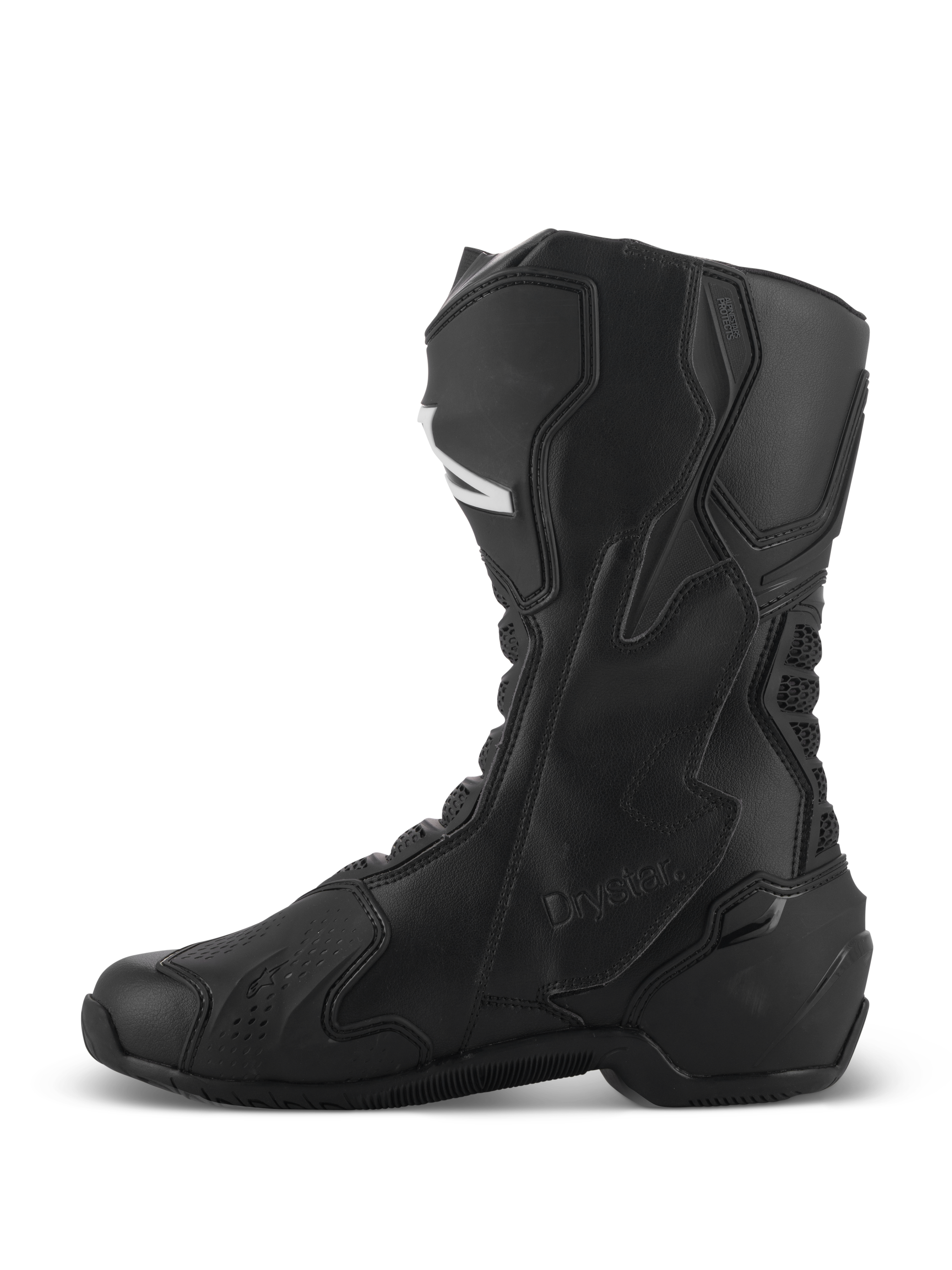 Buty Alpinestars SMX-6 V3 Drystar®, czarne wyczynowe buty motocyklowe, profil boczny ukazujący wysoką konstrukcję z mikrofibry, ochronne panele TPU i logo Drystar