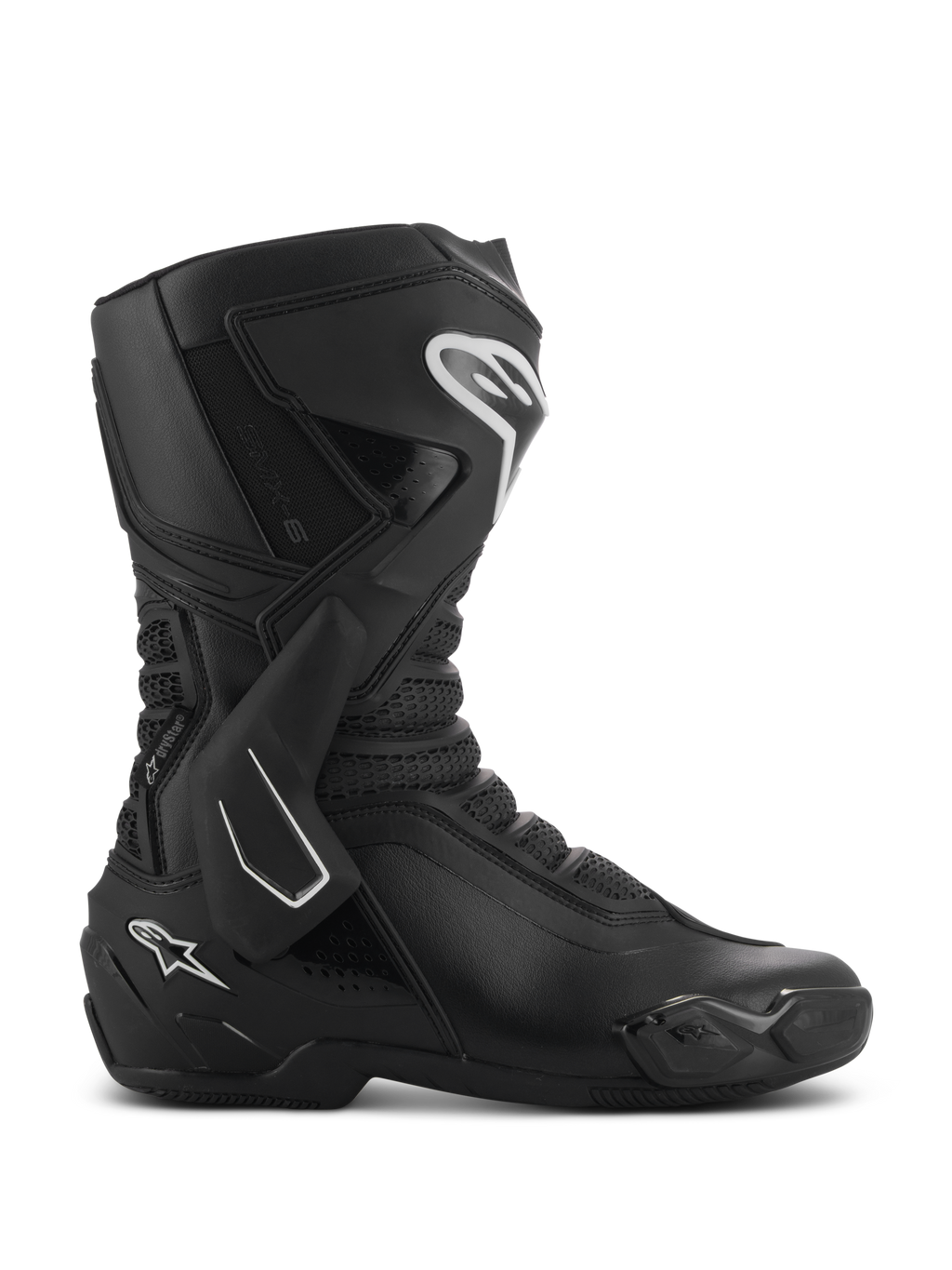 Buty Alpinestars SMX-6 V3 Drystar, czarne sportowe buty motocyklowe, widok z boku, białe akcenty logo, boczny stabilizator kostki TPU, wzmocniony ochraniacz goleni, elastyczne panele z siatki
