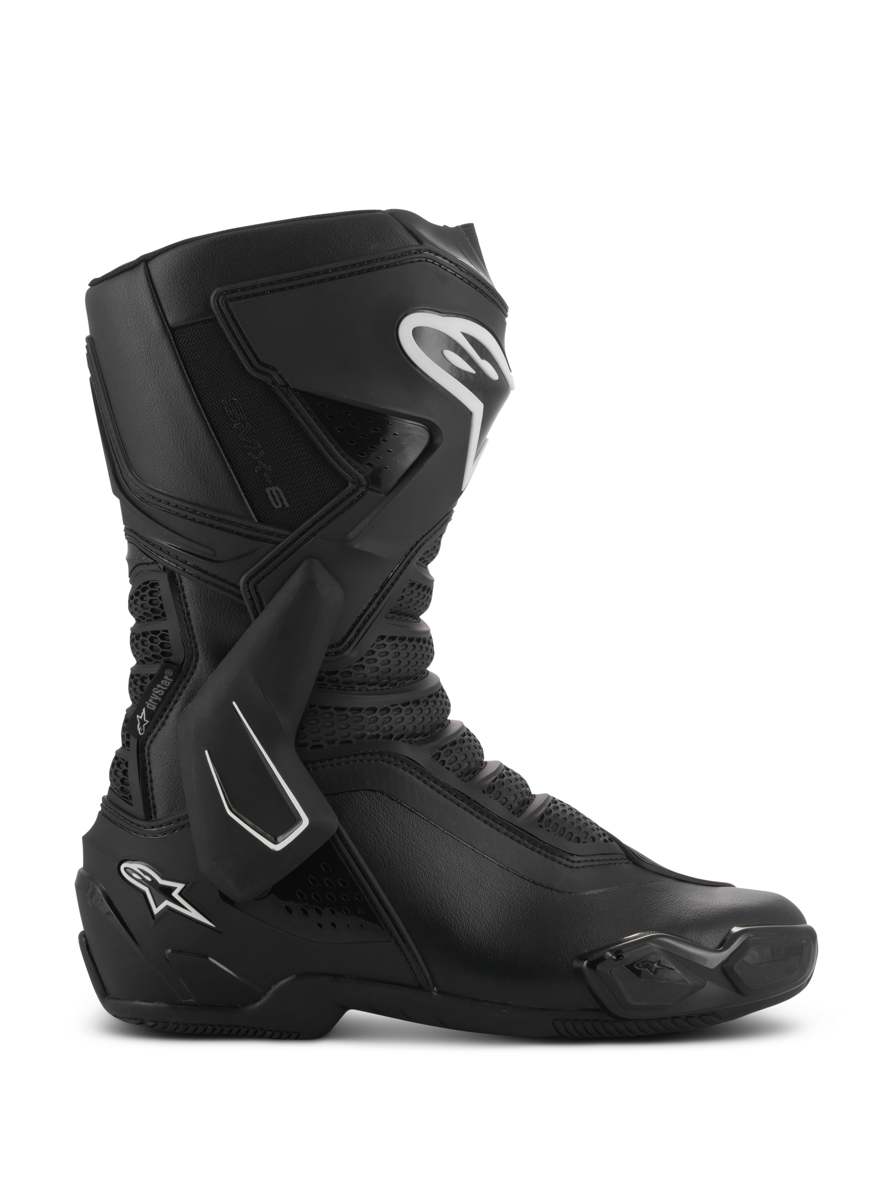 Buty Alpinestars SMX-6 V3 Drystar, czarne sportowe buty motocyklowe, widok z boku, białe akcenty logo, boczny stabilizator kostki TPU, wzmocniony ochraniacz goleni, elastyczne panele z siatki