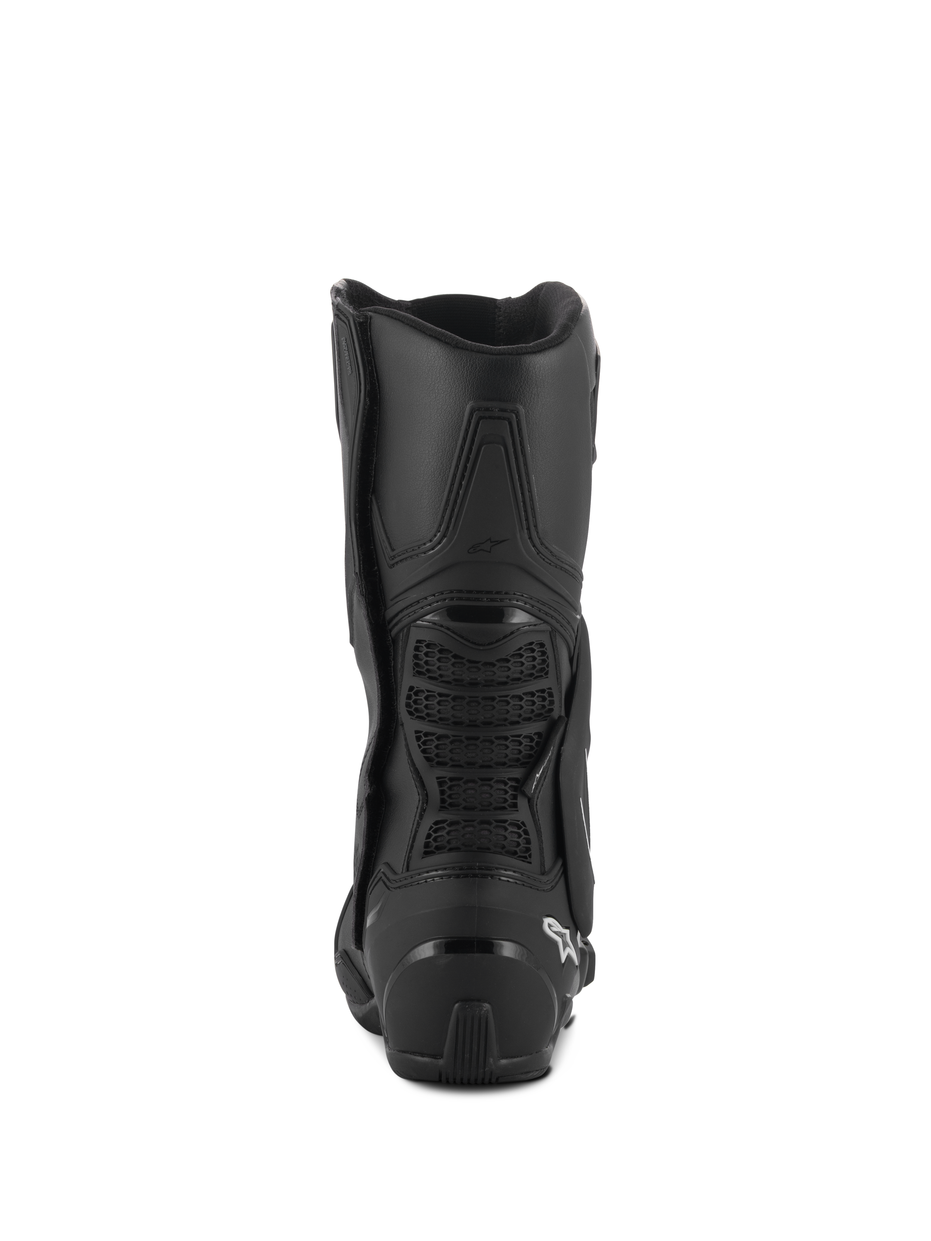 Buty Alpinestars SMX-6 V3 Drystar®, sportowe buty motocyklowe, czarne, widok z tyłu z ochraniaczem pięty TPU i tylnym mostkiem łydki z detalami z siatki, białe logo na pięcie