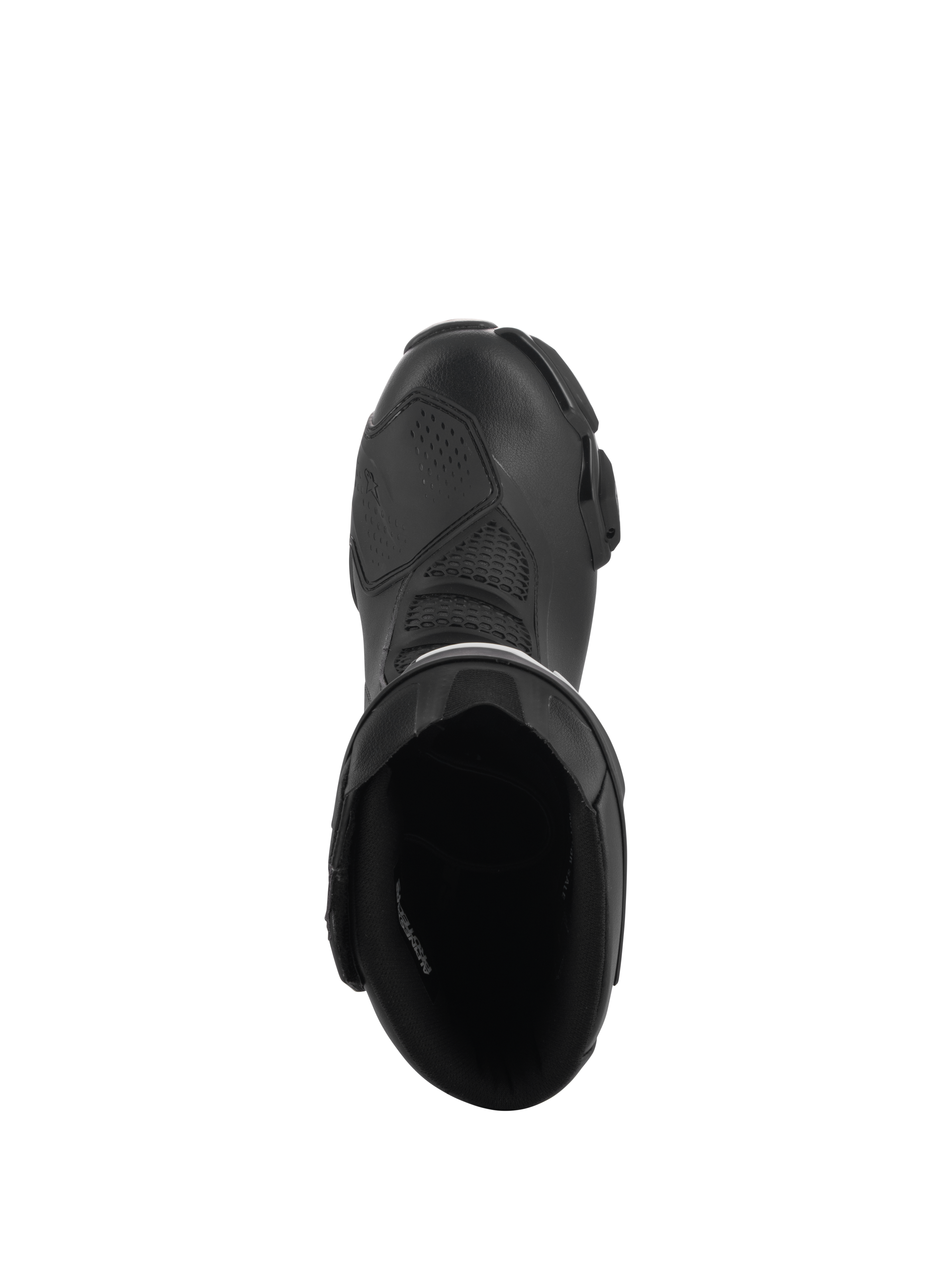 Buty Alpinestars SMX-6 V3 Drystar®, czarne, widok z góry do wnętrza buta, cholewka z mikrofibry z panelem TPU pod dźwignię zmiany biegów i wyściółką wewnętrzną, wodoodporne sportowe i szosowe buty motocyklowe
