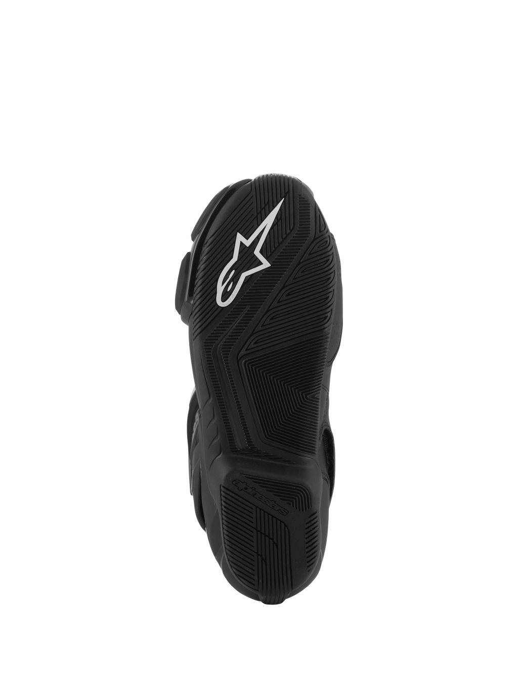 Buty Alpinestars SMX-6 V3 Drystar®, widok na czarną gumową podeszwę, białe logo A-star na przednim bieżniku i wytłaczany napis Alpinestars na pięcie, złożony wzór tekstury dla lepszej przyczepności i wydajności
