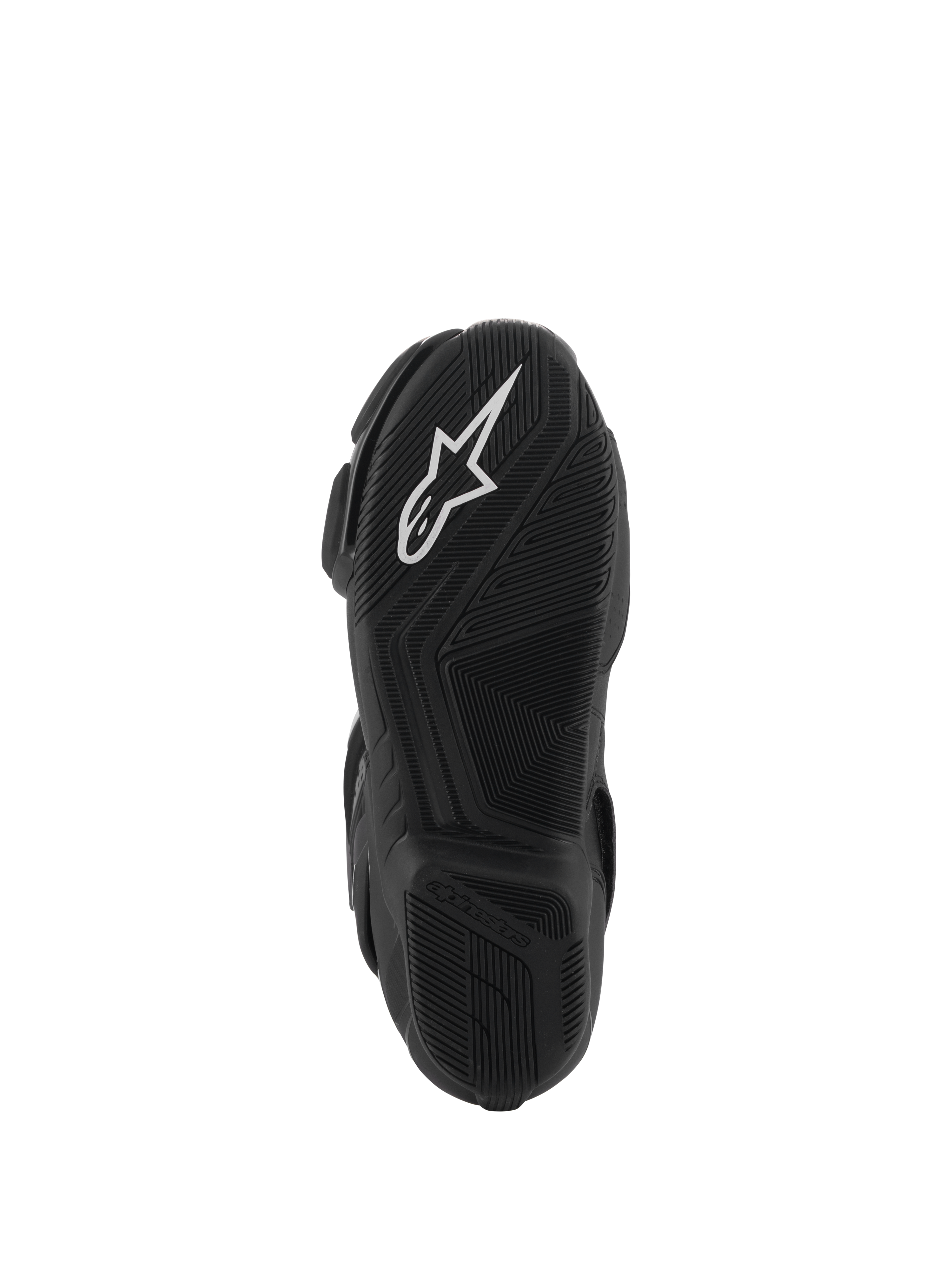 Buty Alpinestars SMX-6 V3 Drystar®, widok na czarną gumową podeszwę, białe logo A-star na przednim bieżniku i wytłaczany napis Alpinestars na pięcie, złożony wzór tekstury dla lepszej przyczepności i wydajności