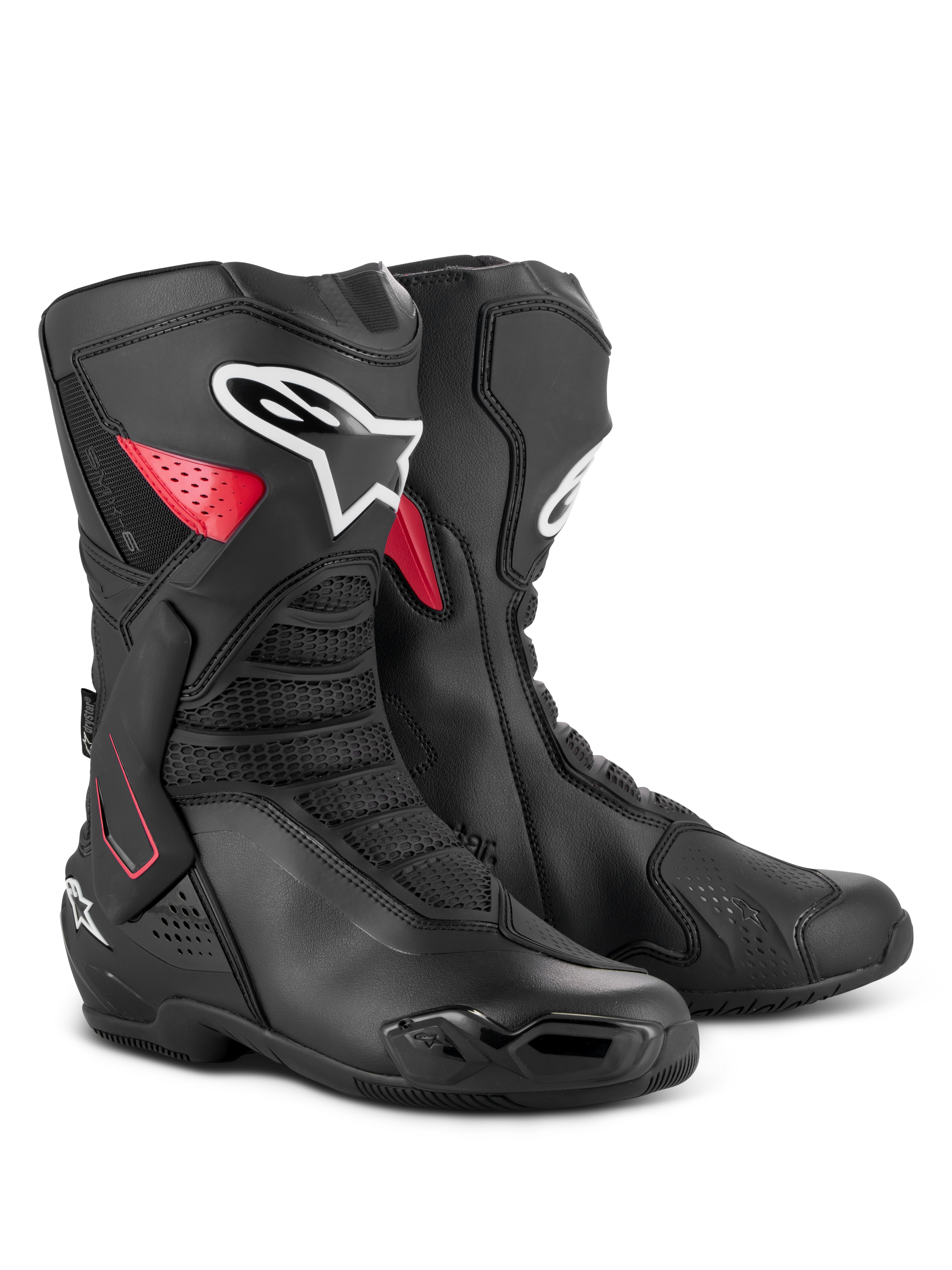 Alpinestars SMX-6 V3 Drystar Boots, wodoodporne wyczynowe buty motocyklowe, czarno-czerwone, z boczną ochroną kostki z TPU, wzmocnionym ochraniaczem goleni i konstrukcją z mikrofibry, do jazdy na torze i ulicy