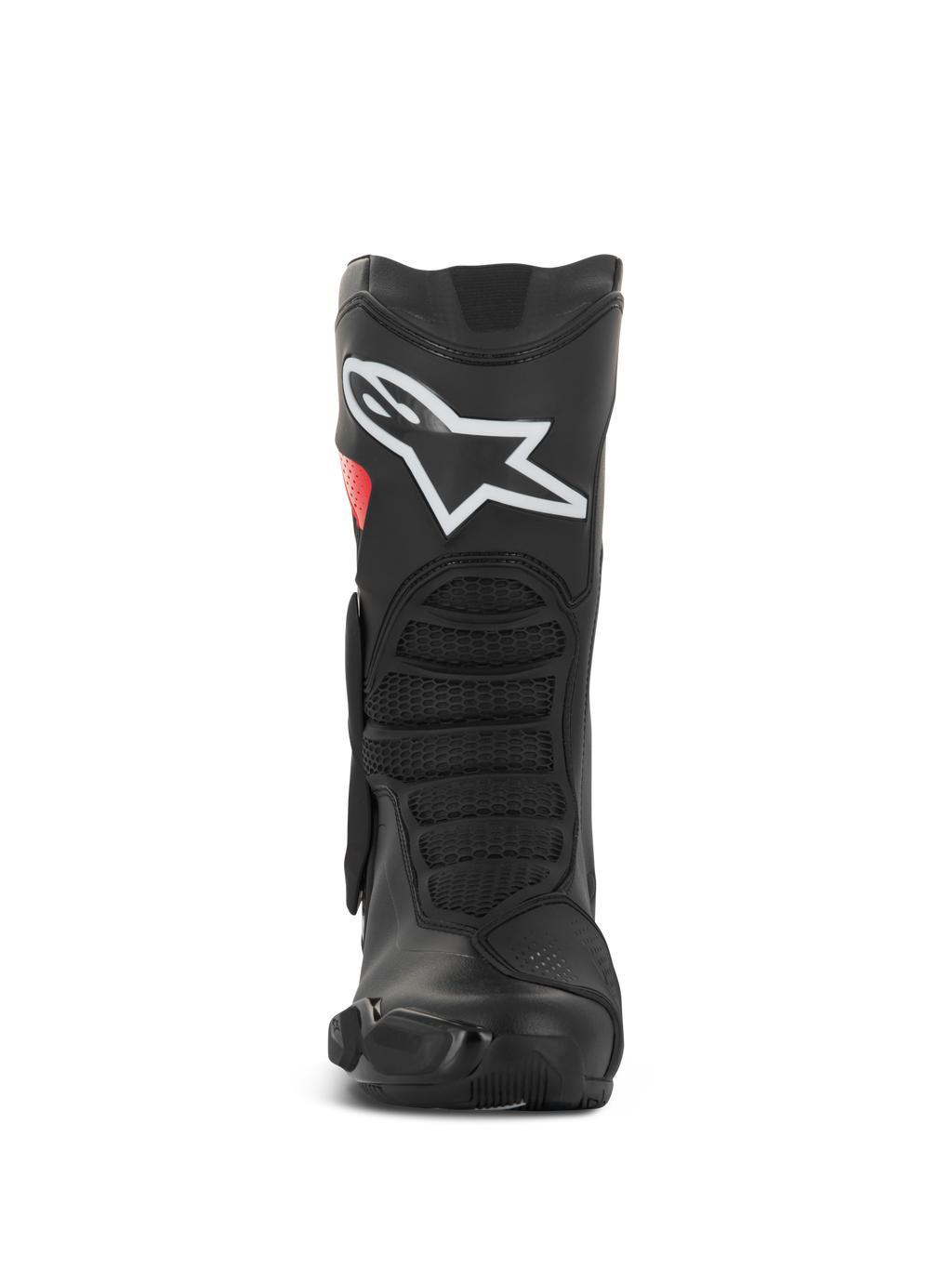 Buty Alpinestars SMX-6 V3 Drystar®, wyczynowe buty motocyklowe, czarno-czerwone, widok z przodu z dużym białym logo na goleni, teksturowane przednie strefy zgięcia i smukła, ochronna konstrukcja