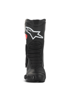 Buty Alpinestars SMX-6 V3 Drystar®, wyczynowe buty motocyklowe, czarno-czerwone, widok z przodu z dużym białym logo na goleni, teksturowane przednie strefy zgięcia i smukła, ochronna konstrukcja
